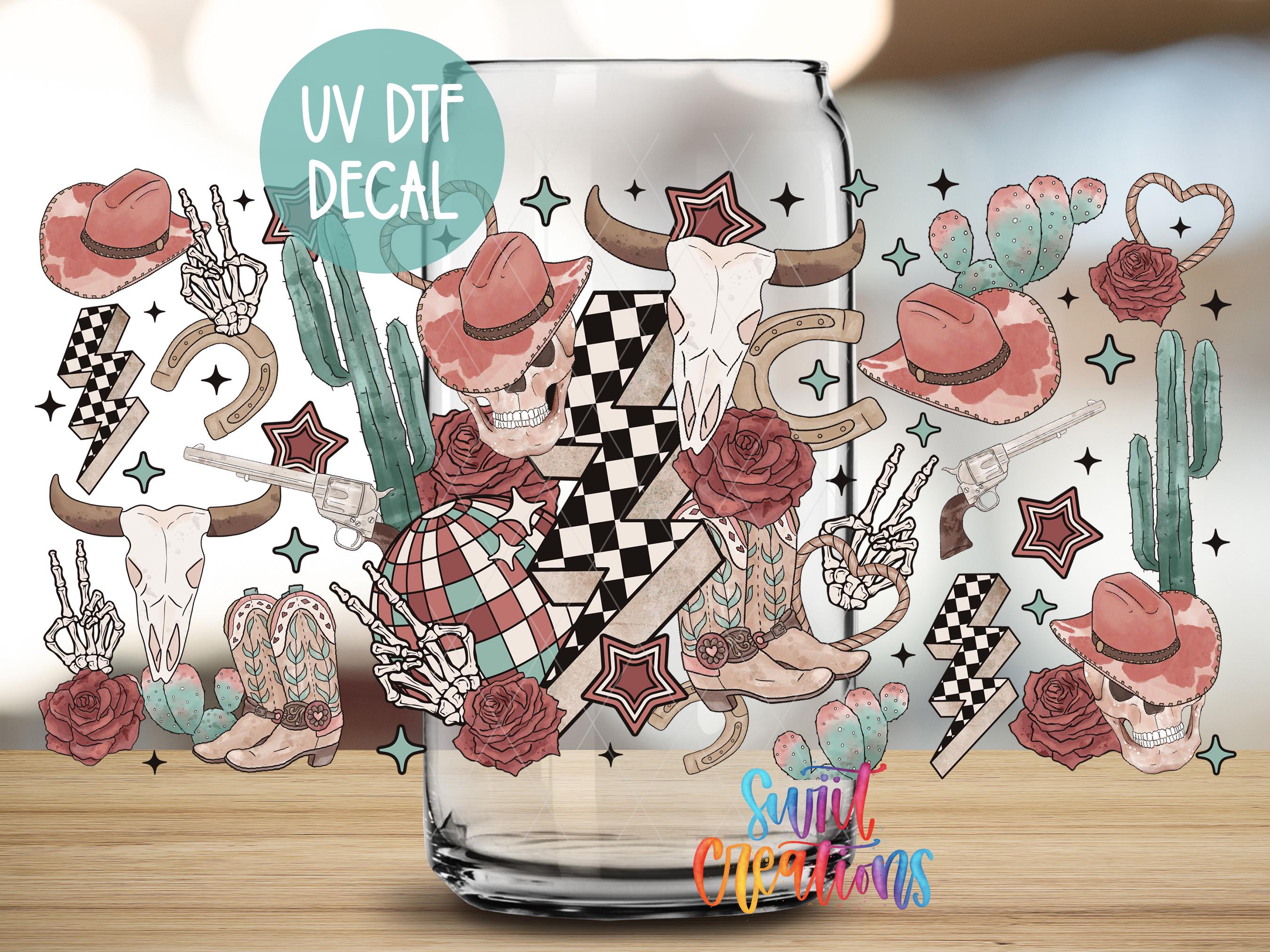 The image is a vibrant and colorful illustration featuring various cowboy-themed elements, such as cacti, horses, and a skull, all set against a blurred background.