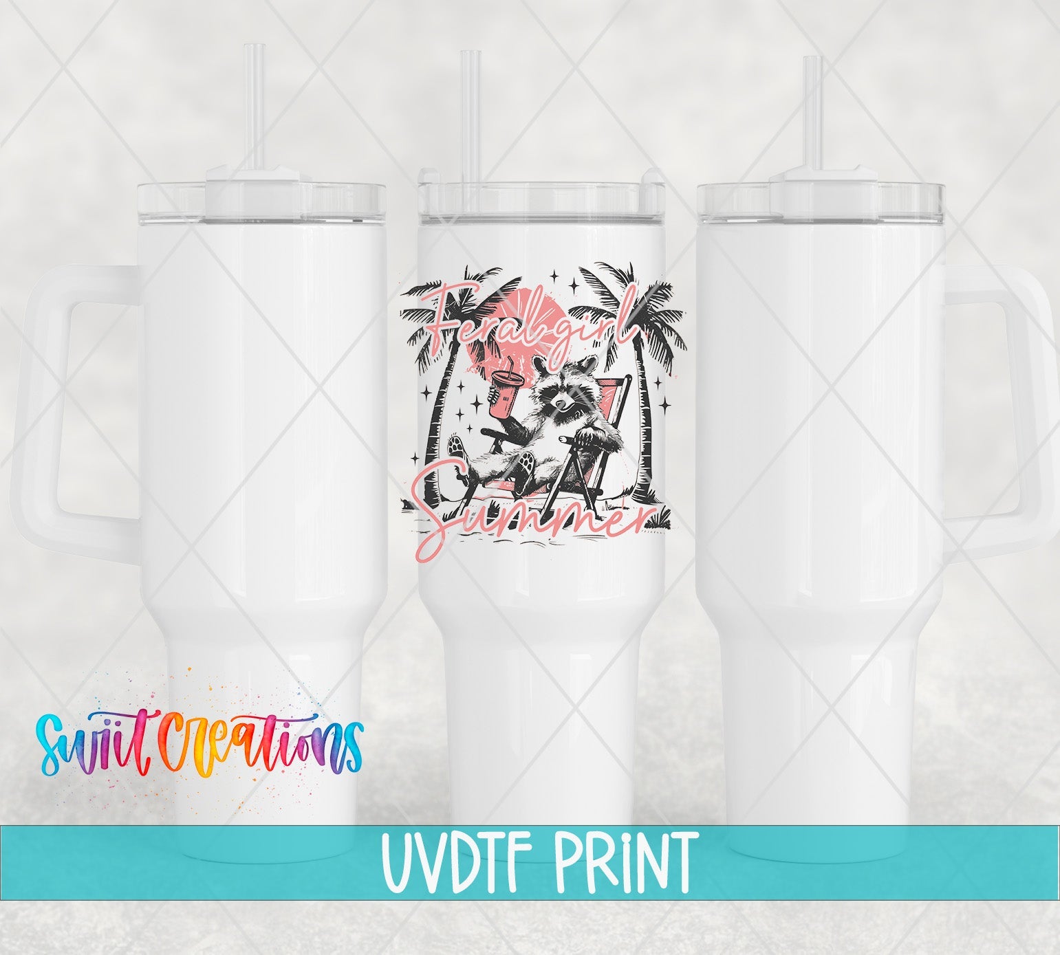 three white travel mugs with palm trees on them