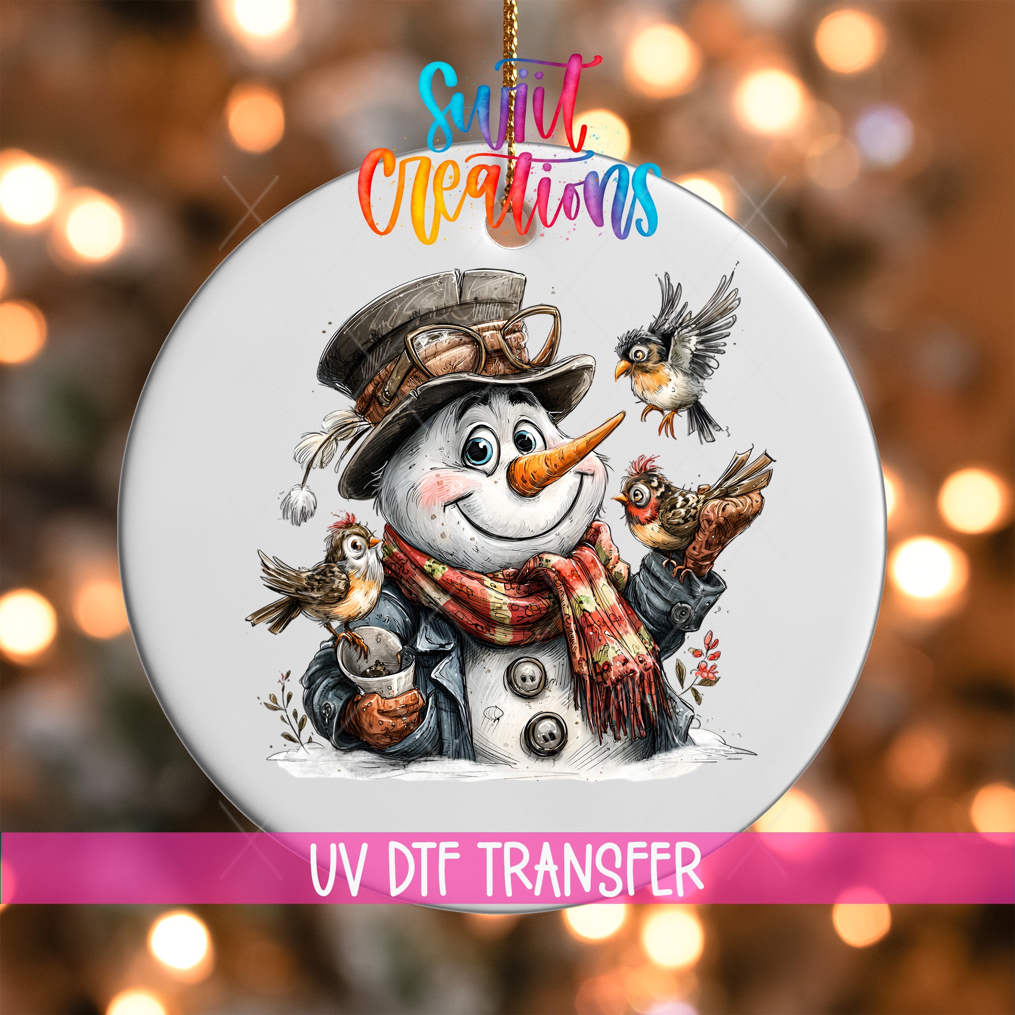 A snowman ornament with a bird perched on its shoulder, surrounded by other birds, against a background of colorful lights.