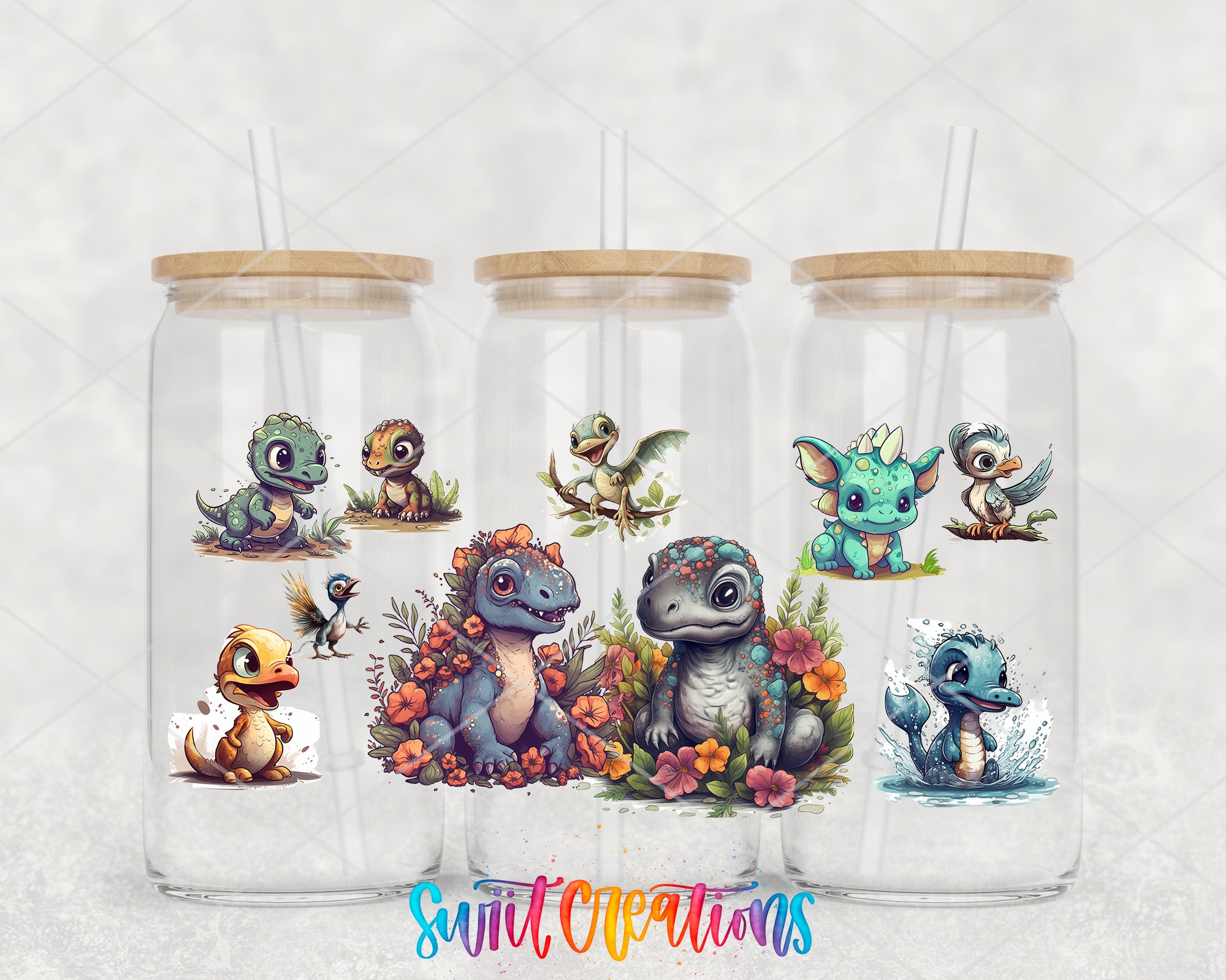 three glass tumblers with straws, each containing a different cartoon-style illustration of a small animal, such as a bird, fish, or dinosaur.