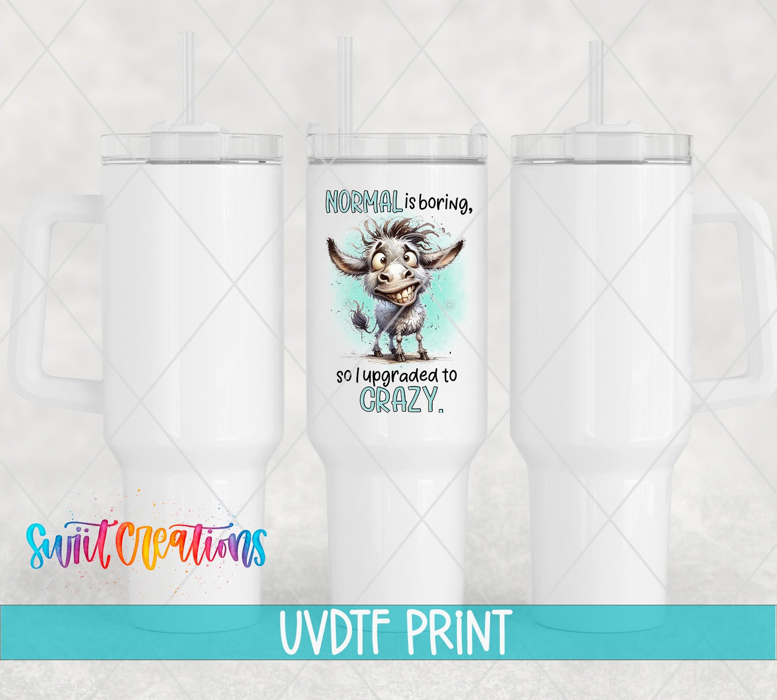 a white tumbler with a picture of a cow on it