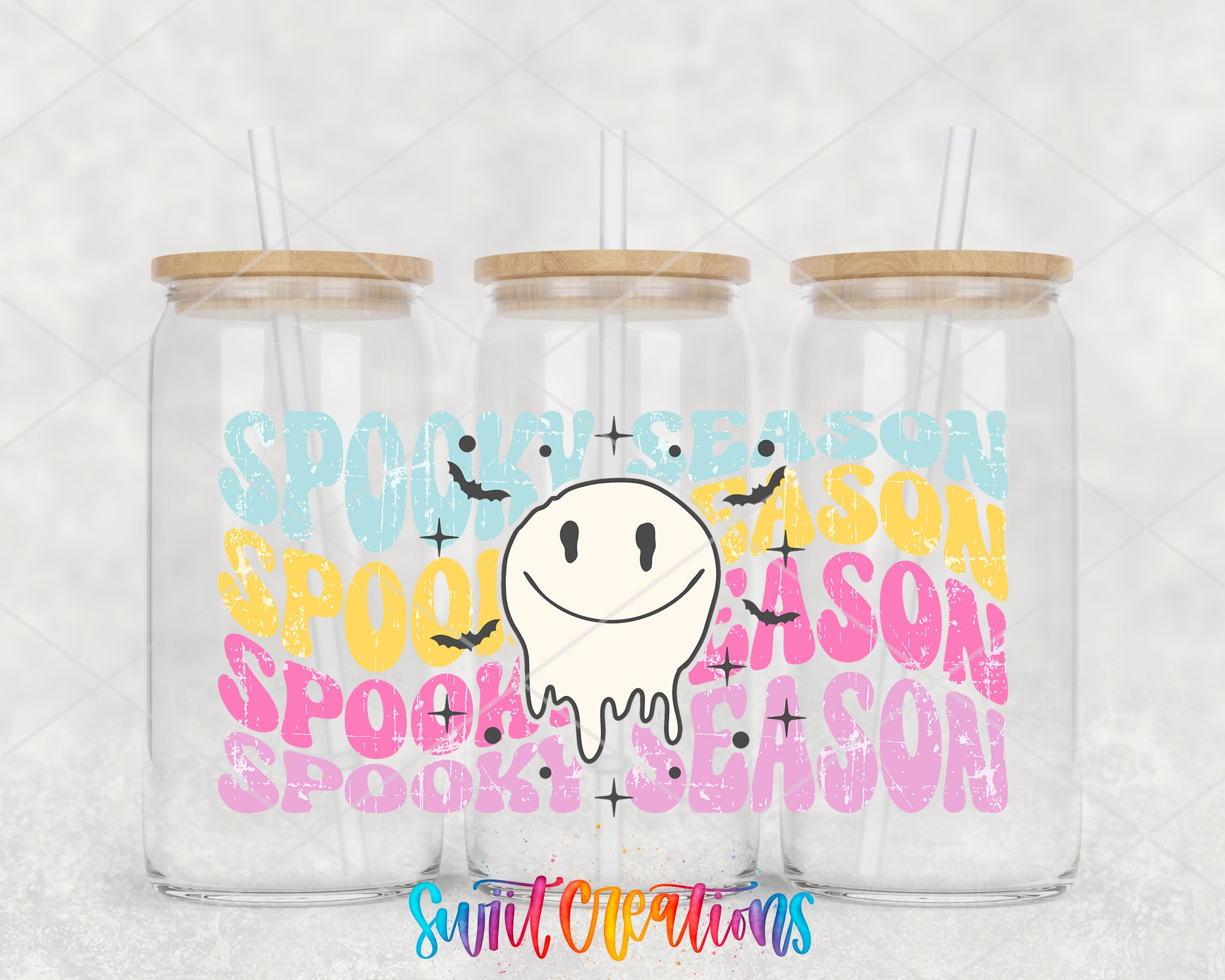 A colorful and whimsical Halloween-themed design featuring a ghost with a smiley face, surrounded by the text "SPOOKY SEASON" in various colors and fonts.