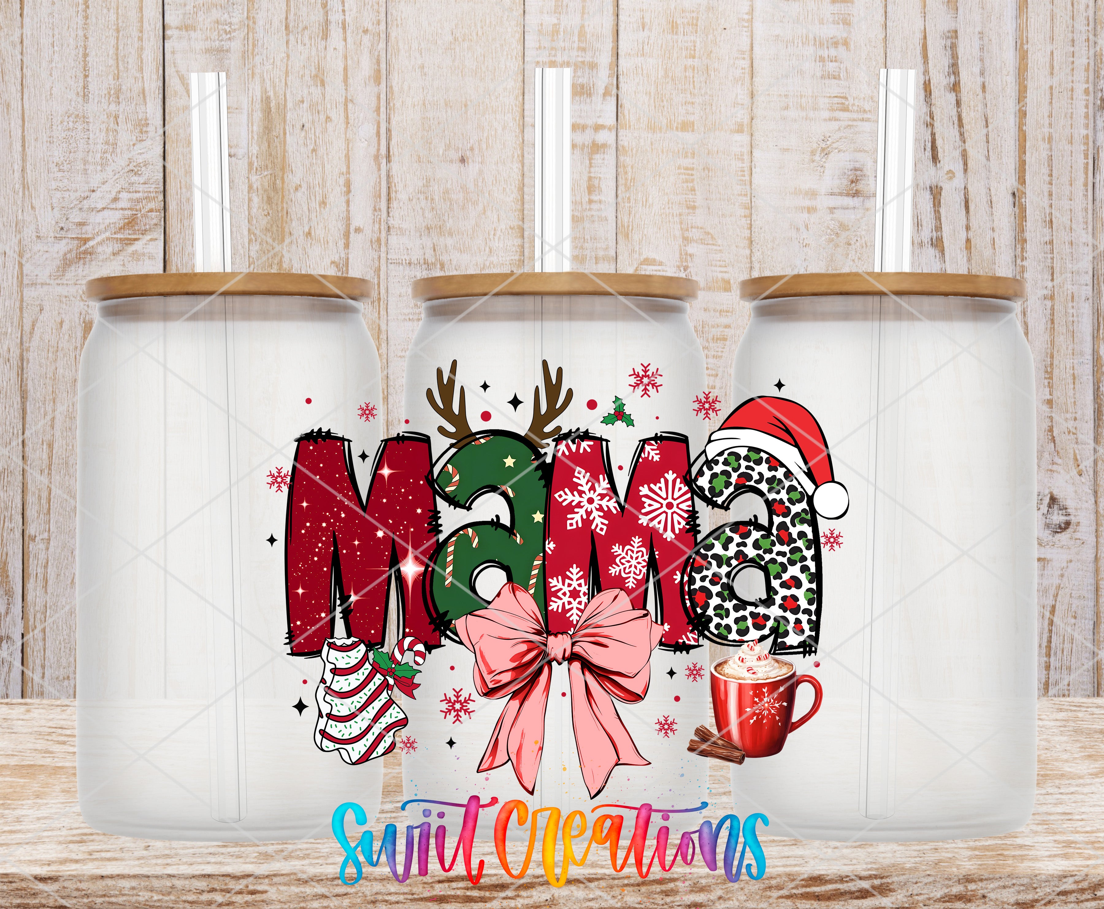 A collage of three glass jars with the word "Mama" written on them, along with festive Christmas-themed decorations such as reindeer, snowflakes, and a Santa hat.