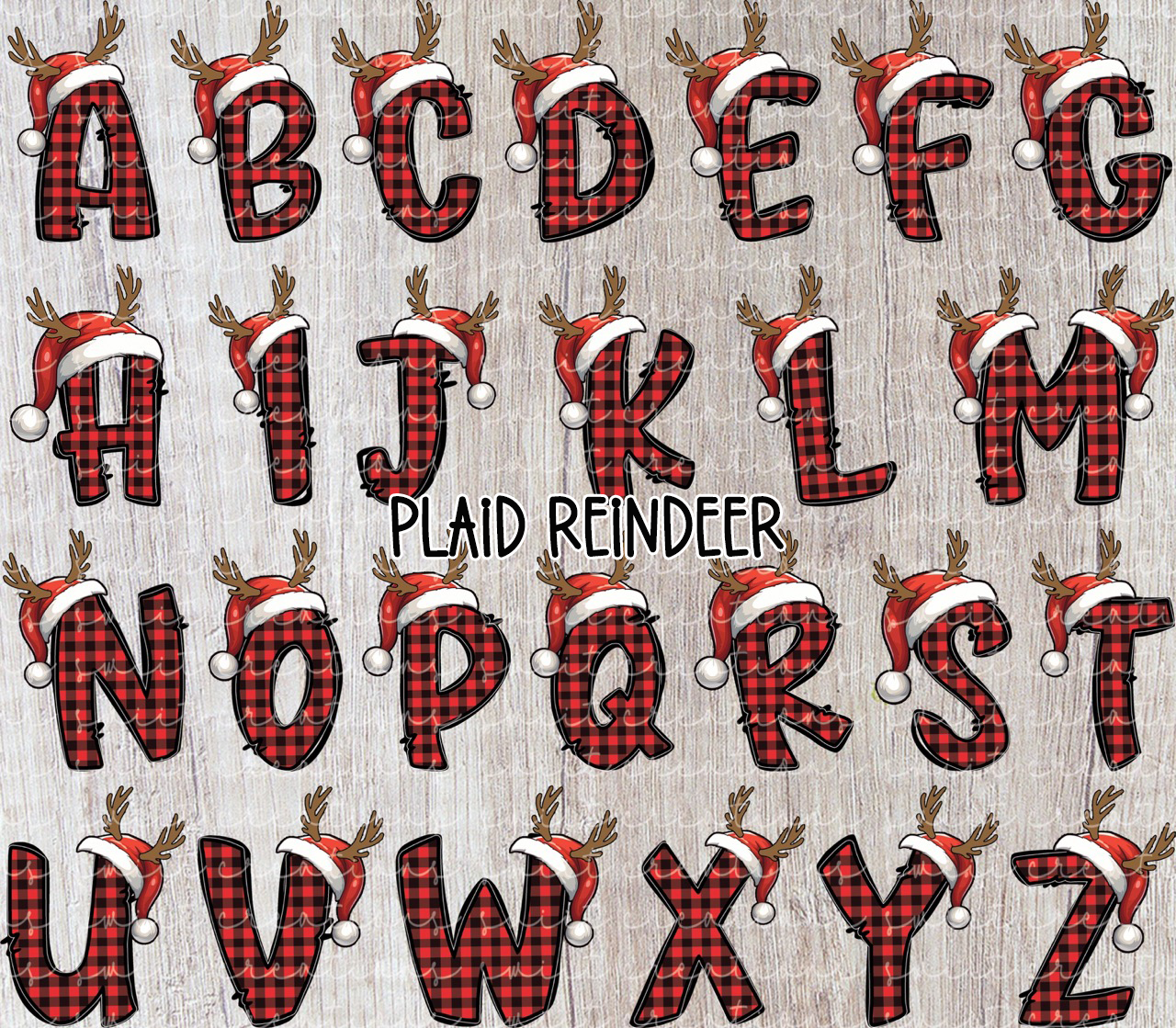 the letters of the alphabet, each one decorated with a plaid reindeer hat.