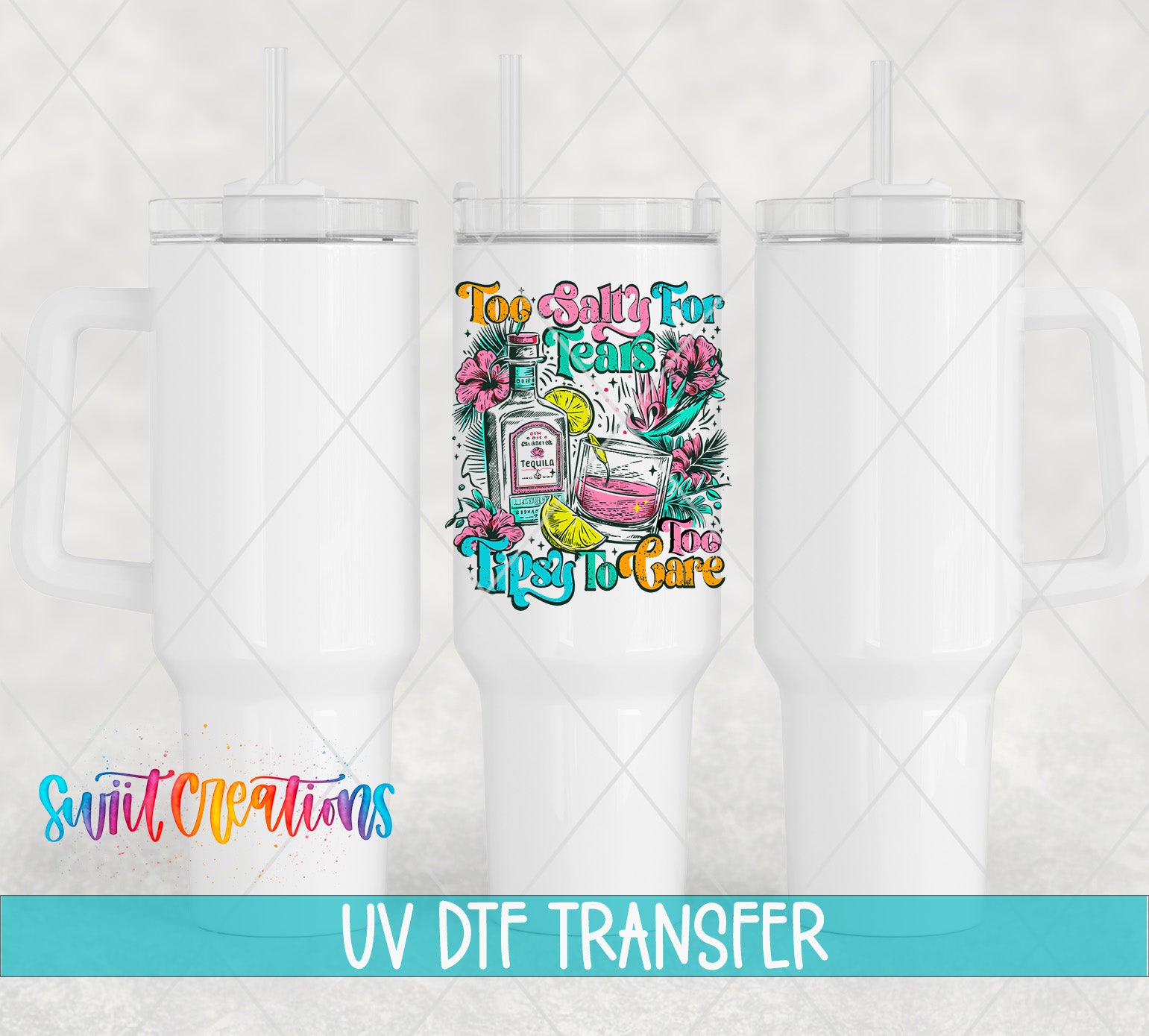 three white tumblers with colorful designs and text printed on them.