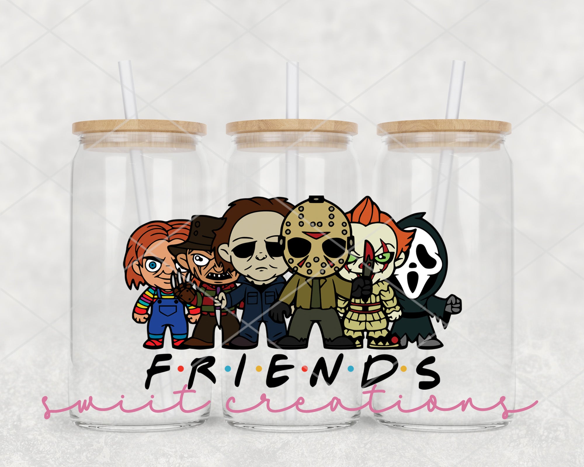 a couple of glasses with cartoon characters on them