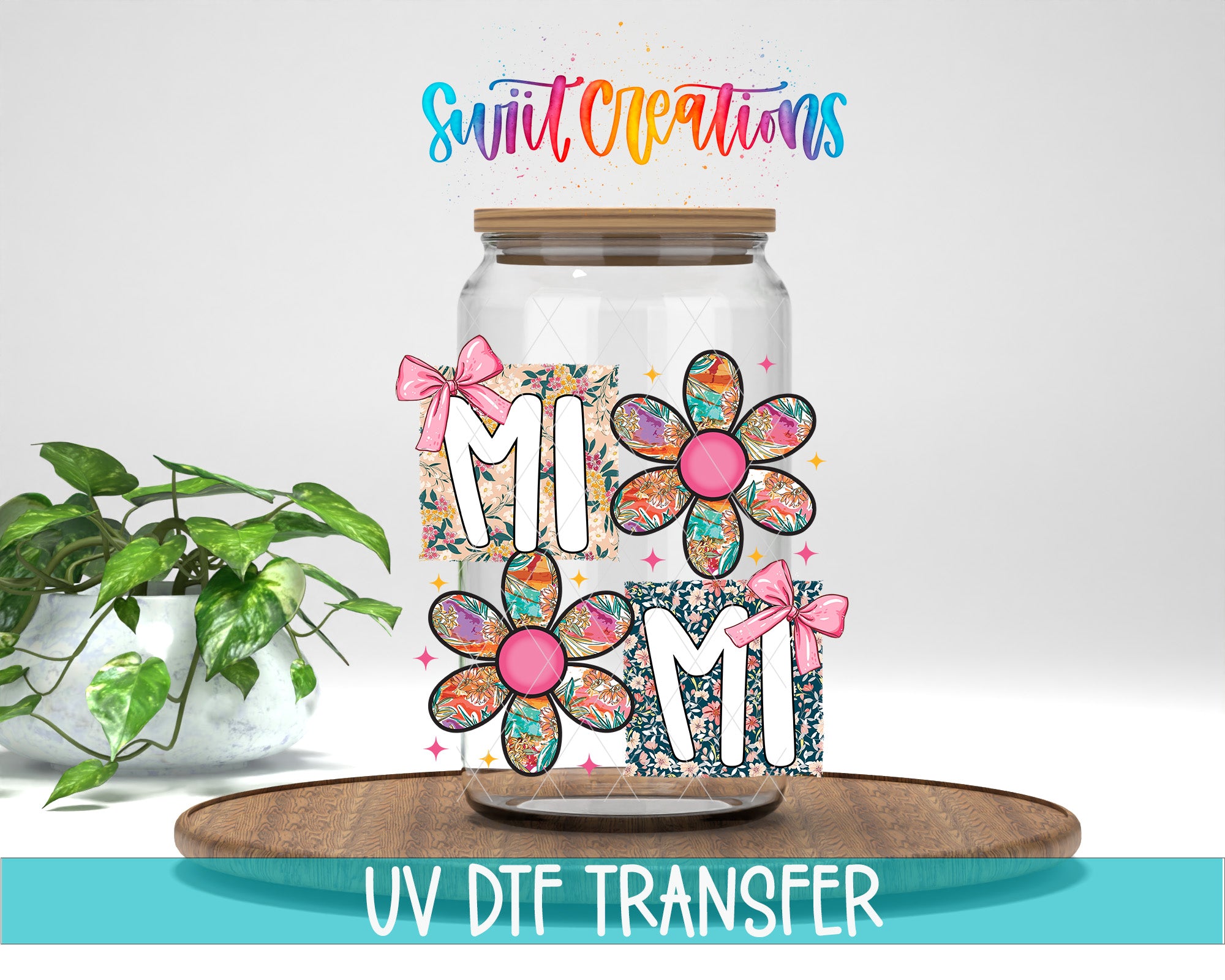 a glass jar with a floral design and the text "MI" printed on it, placed on a wooden surface.