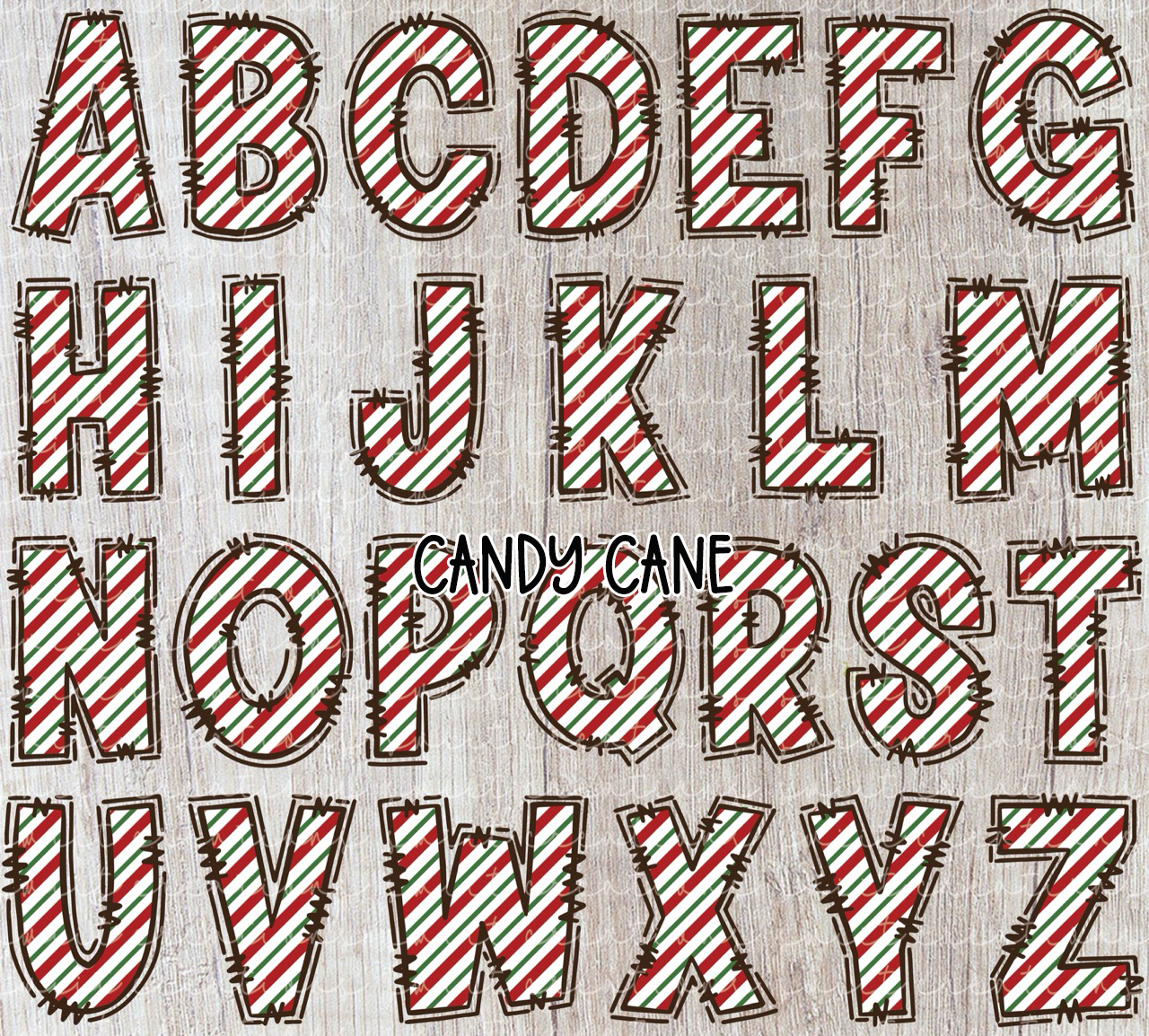 the letters of the alphabet, each with a unique design that resembles a candy cane pattern. The letters are arranged in a grid-like pattern, creating a visually appealing and festive appearance.