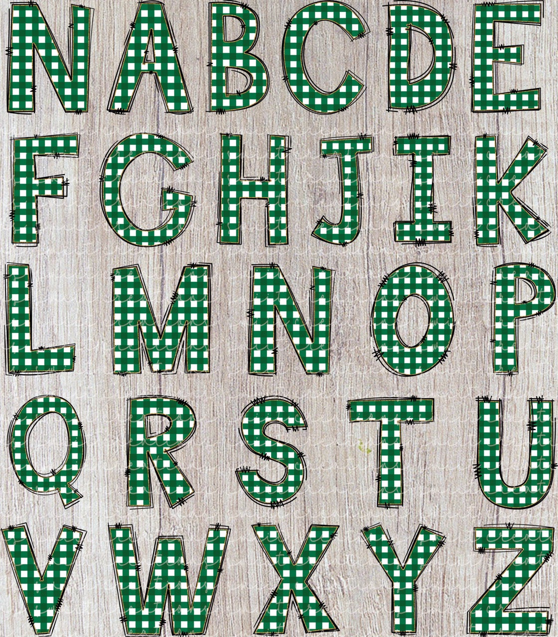 the letters of the alphabet, each one made up of green and white checkered squares.