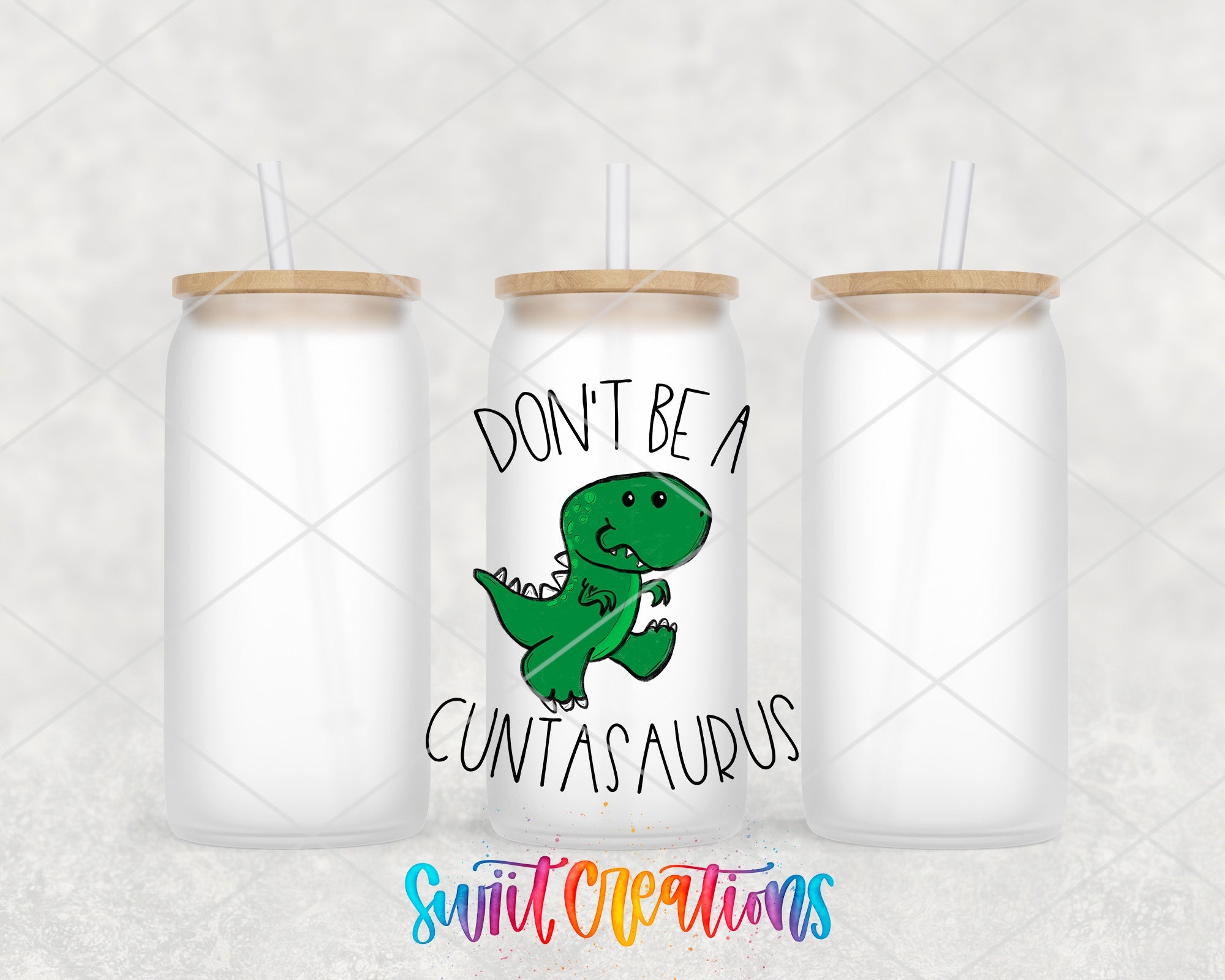 a pair of tumblers with the words don't be a dinosaur on them