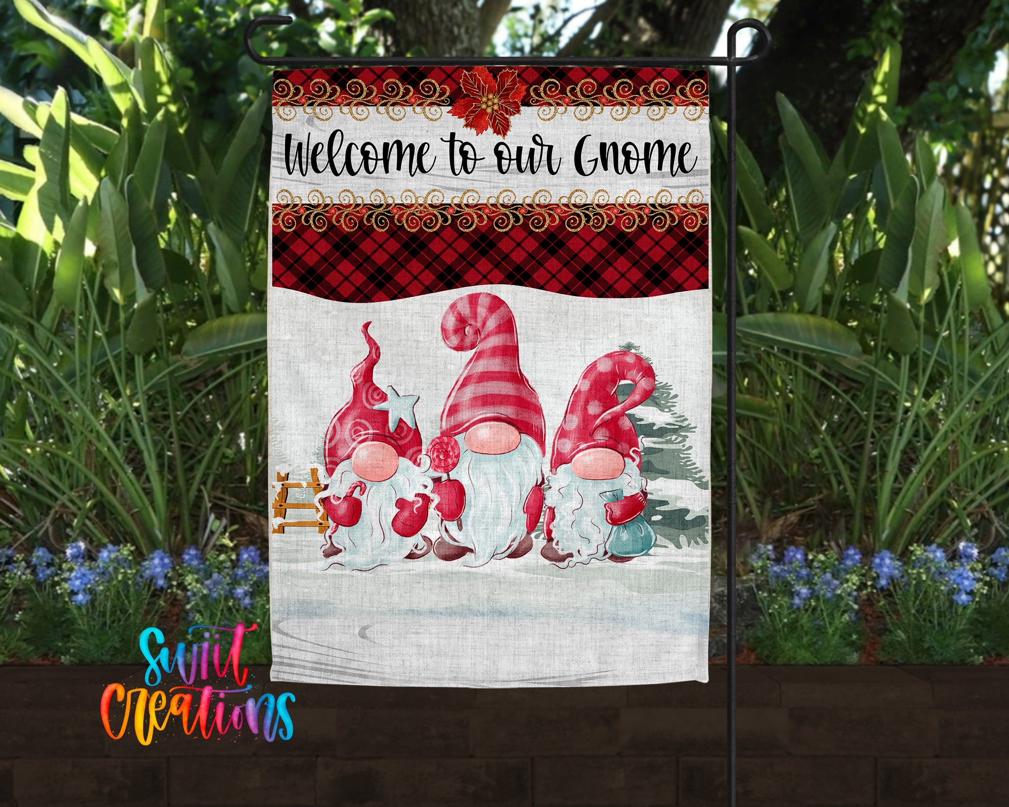 A garden sign featuring three gnomes in a snowy landscape, with a "Welcome to our Gnome" message.