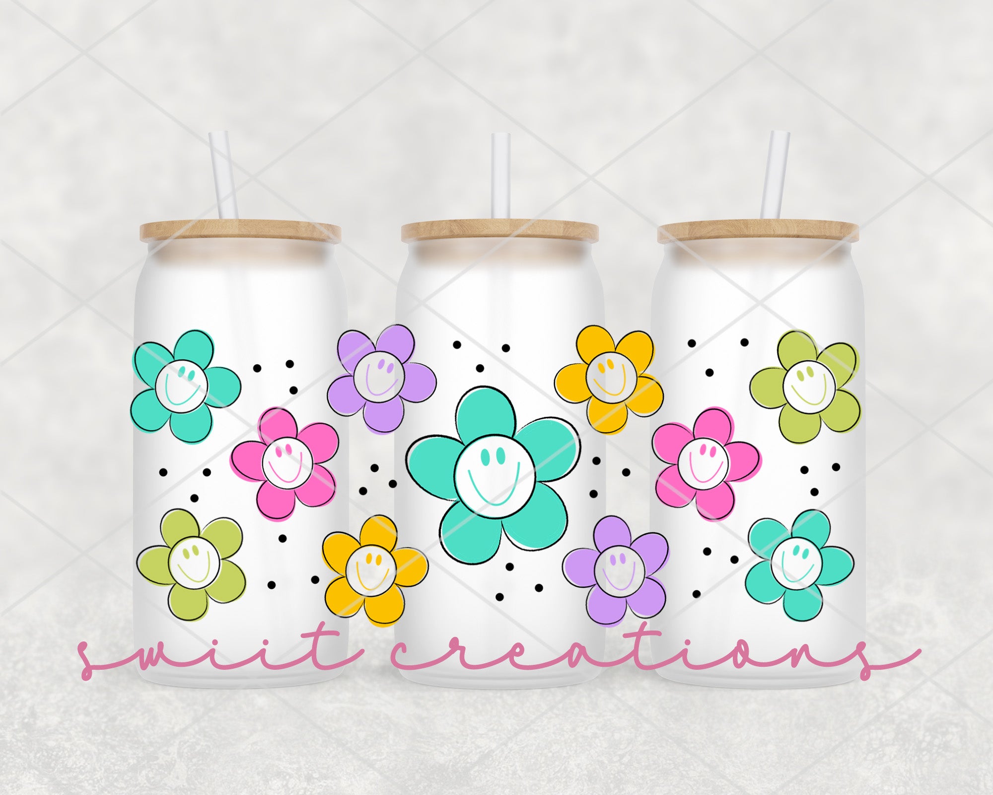 three colorful flowers on a white background with the words smile creations