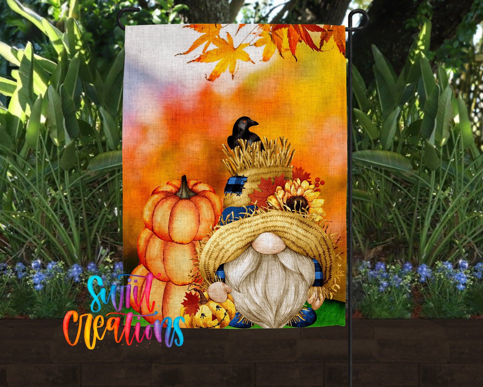 A colorful autumnal garden scene featuring a gnome, pumpkins, sunflowers, and a bird, all set against a backdrop of fall foliage.