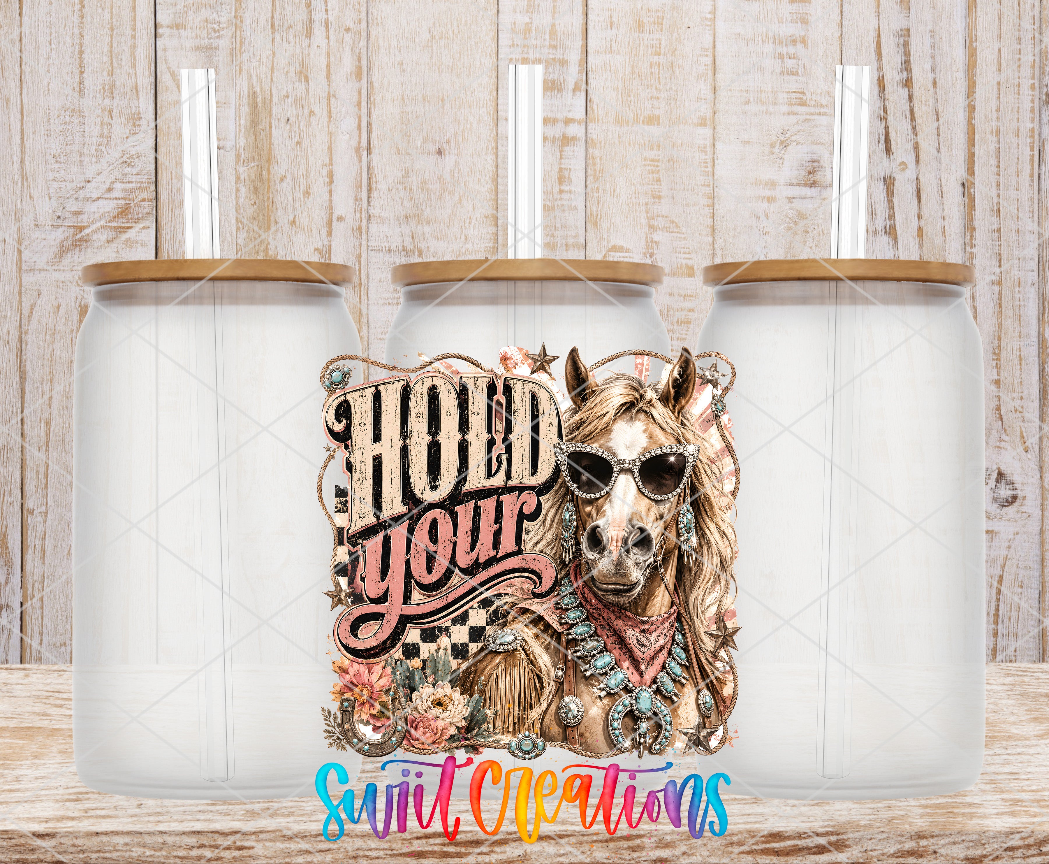a large illustration of a horse with sunglasses and a decorative ribbon around its neck, accompanied by the text "HOLD YOUR" in a decorative font.