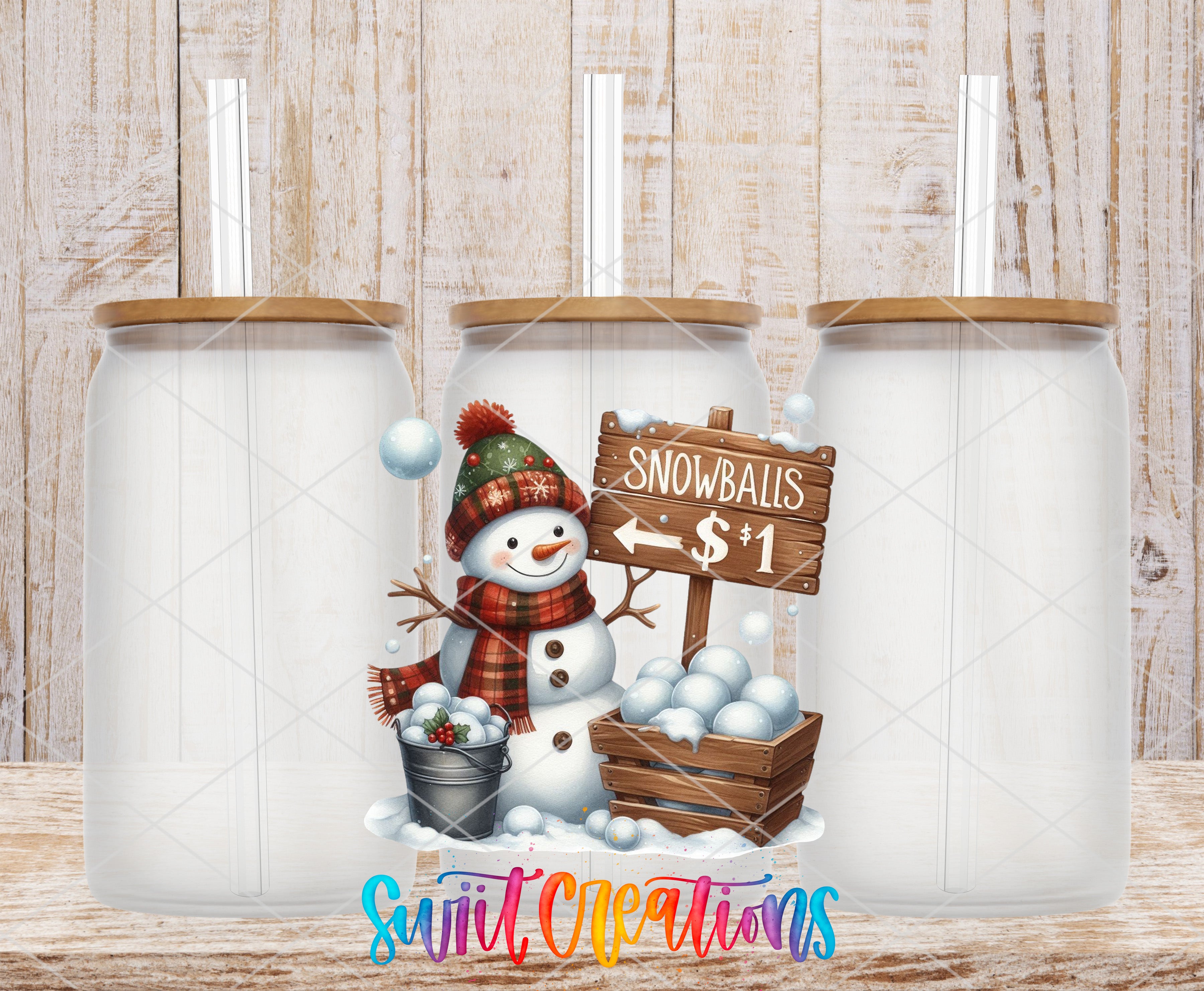 A snowman holding a sign that says "Snowballs" and "$1" is surrounded by three glass jars with straws, set against a wooden background.