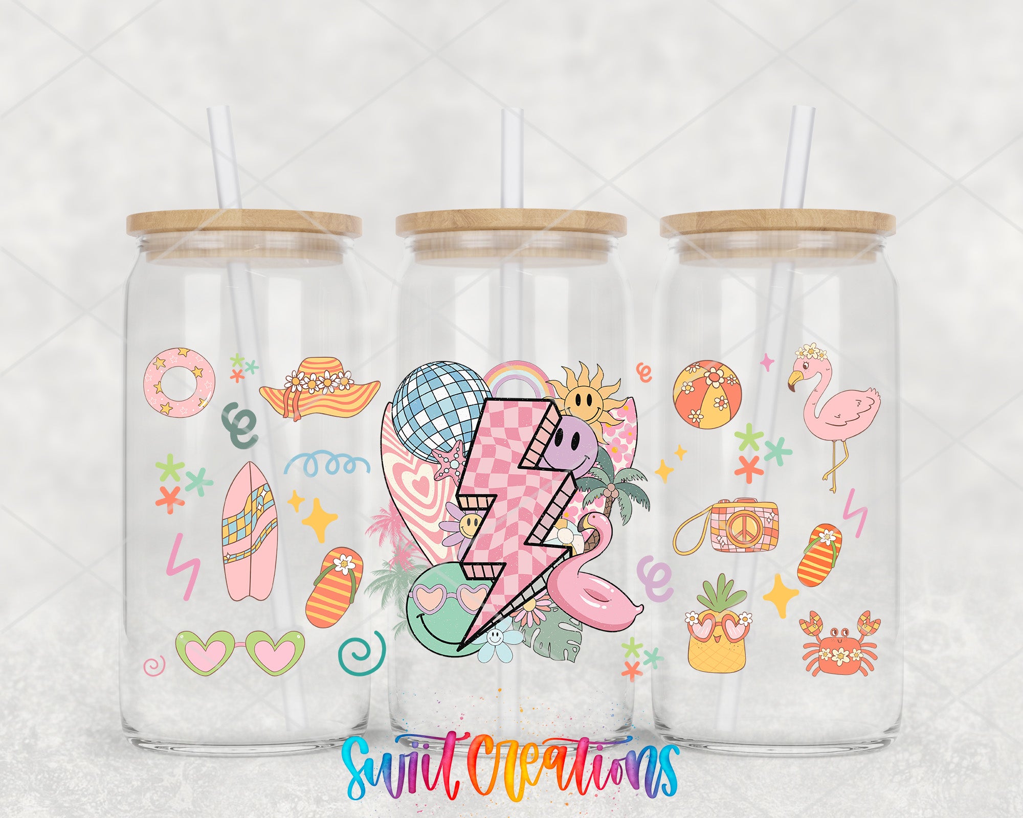 three glass jars with colorful and whimsical designs on them, including various cartoon-like illustrations and patterns.