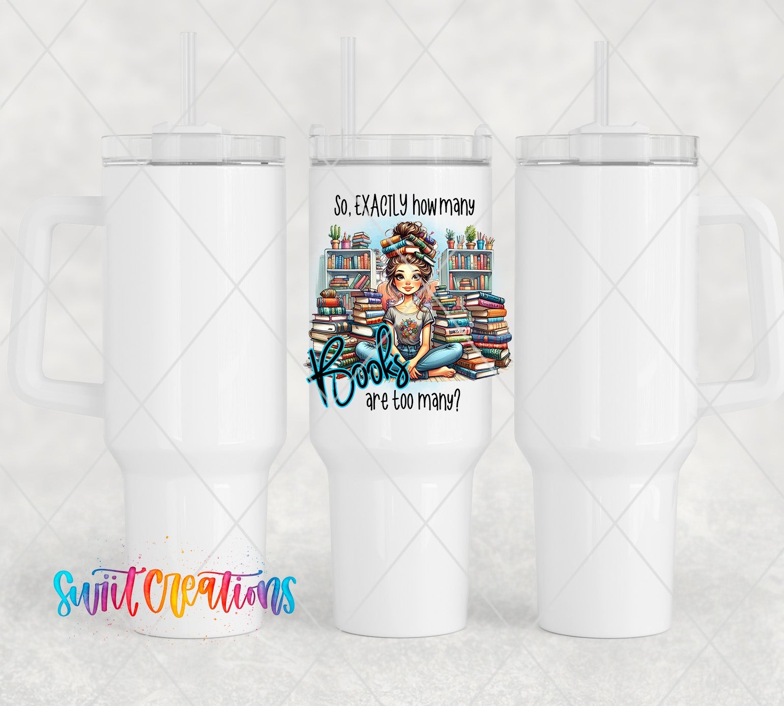 a pair of white coffee mugs with a picture of a woman reading a book