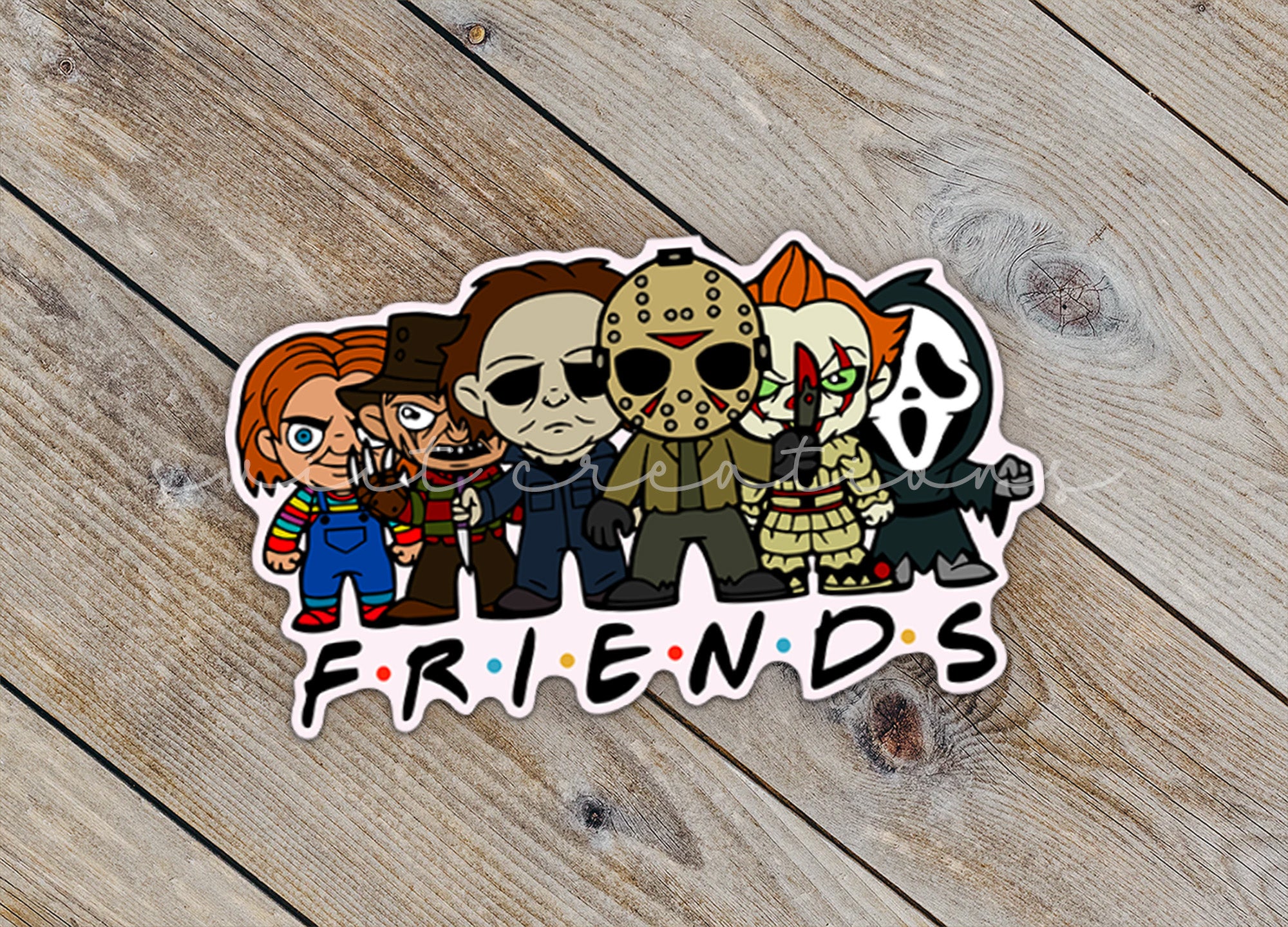 a sticker with a group of cartoon characters on it