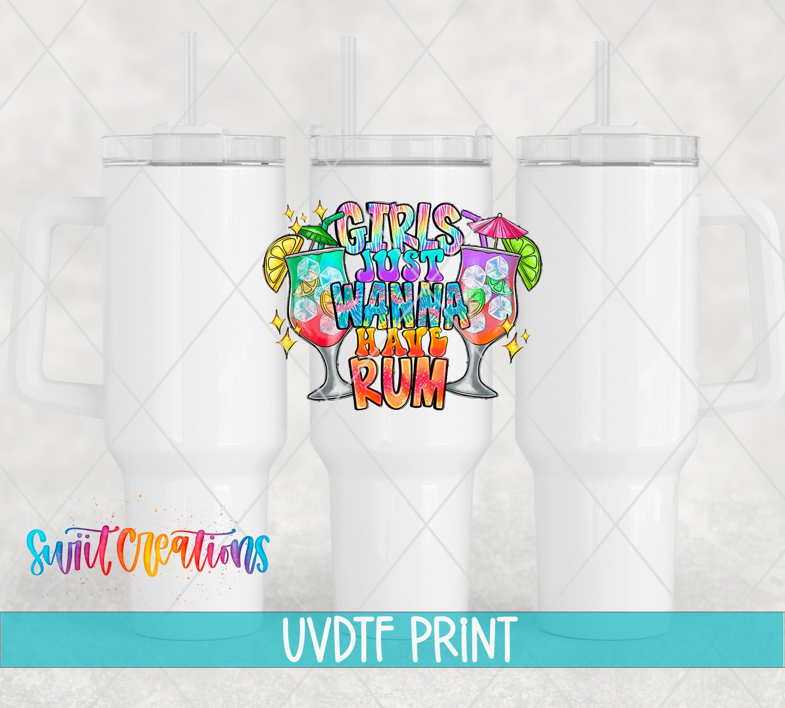 three white tumbles with colorful lettering and a blue ribbon
