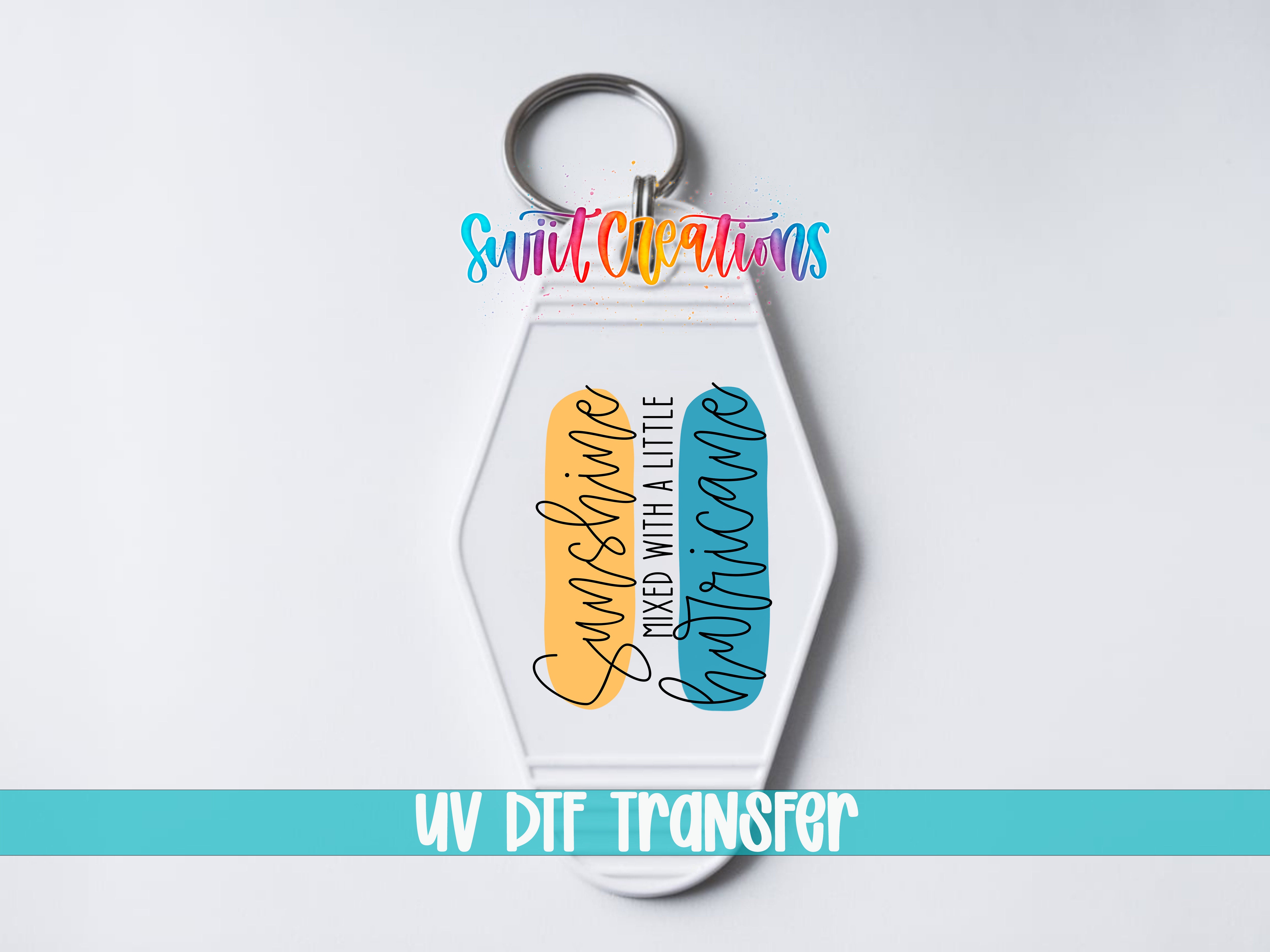 A keychain with a colorful design and text, including the words "Sunshiner" and "Mixed with a little", along with the text "UV DIF TRANSFER".