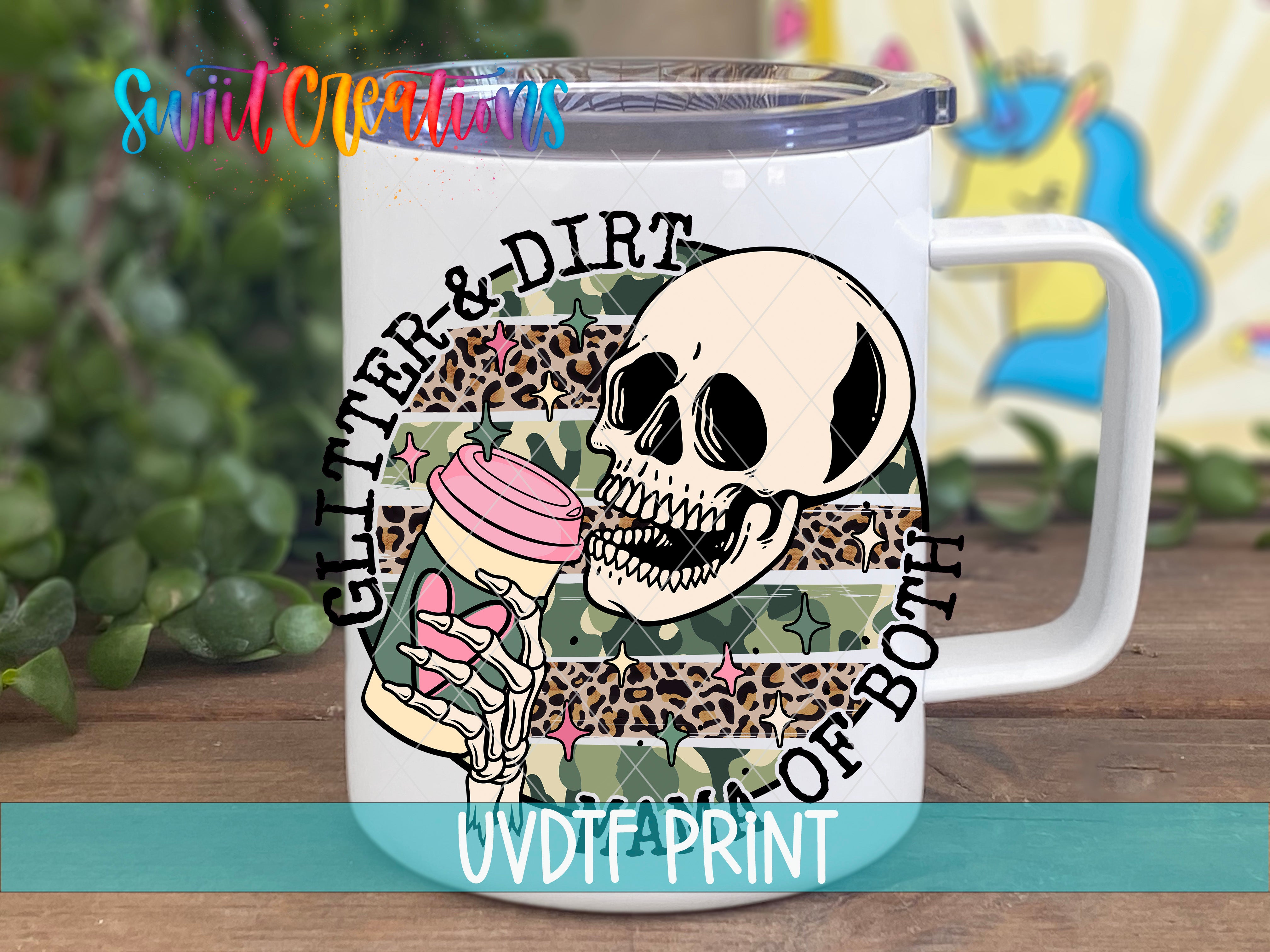 a white coffee mug with a skull and leopard print on it
