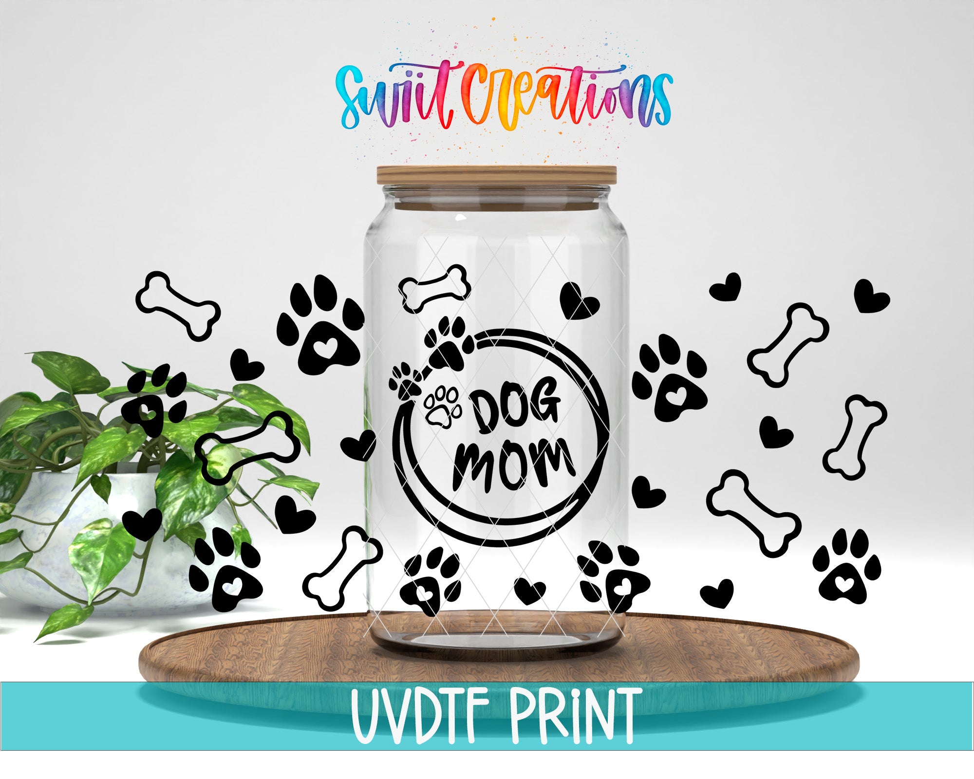a glass jar with a dog mom on it
