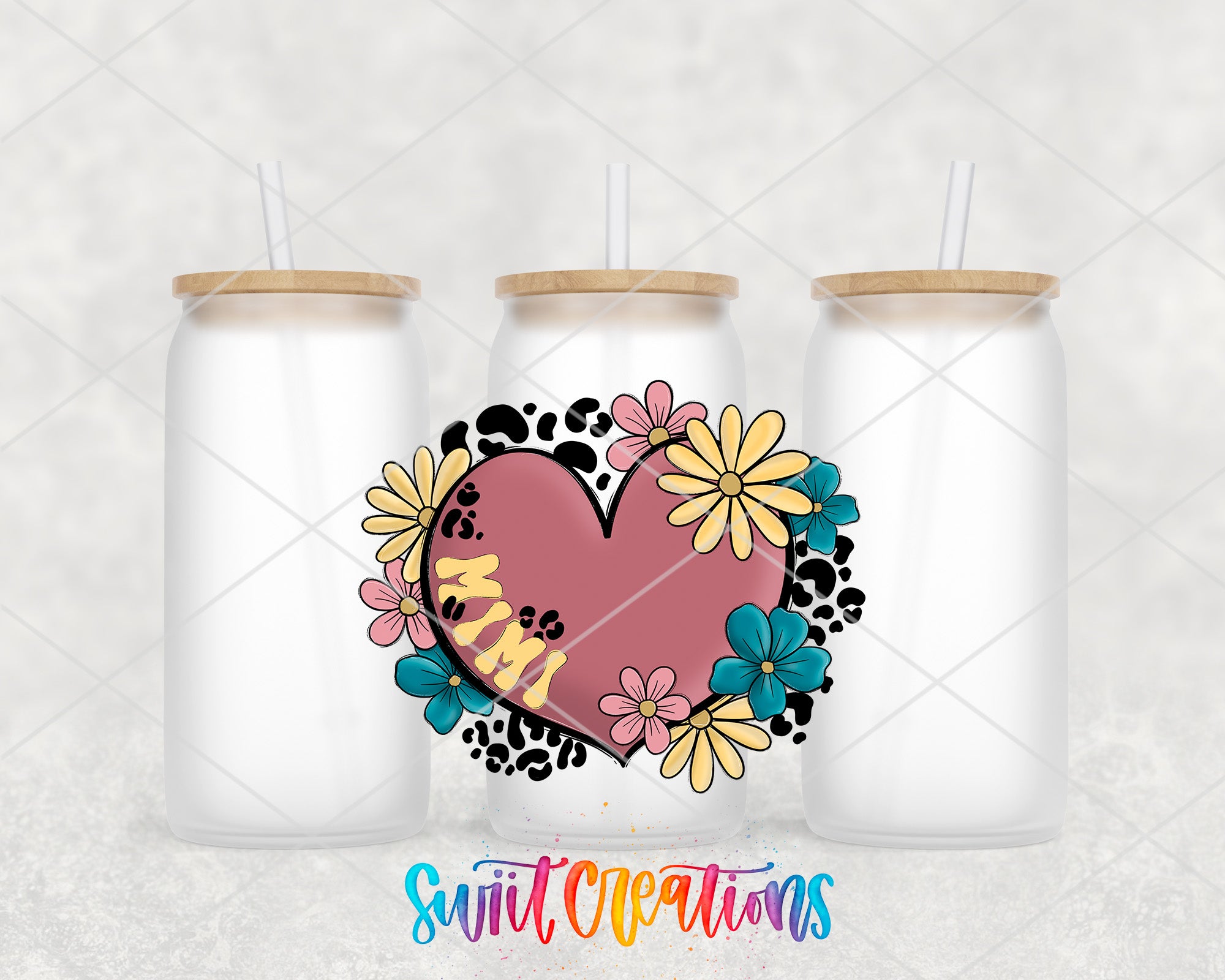 two white mason jars with a heart and flowers on them