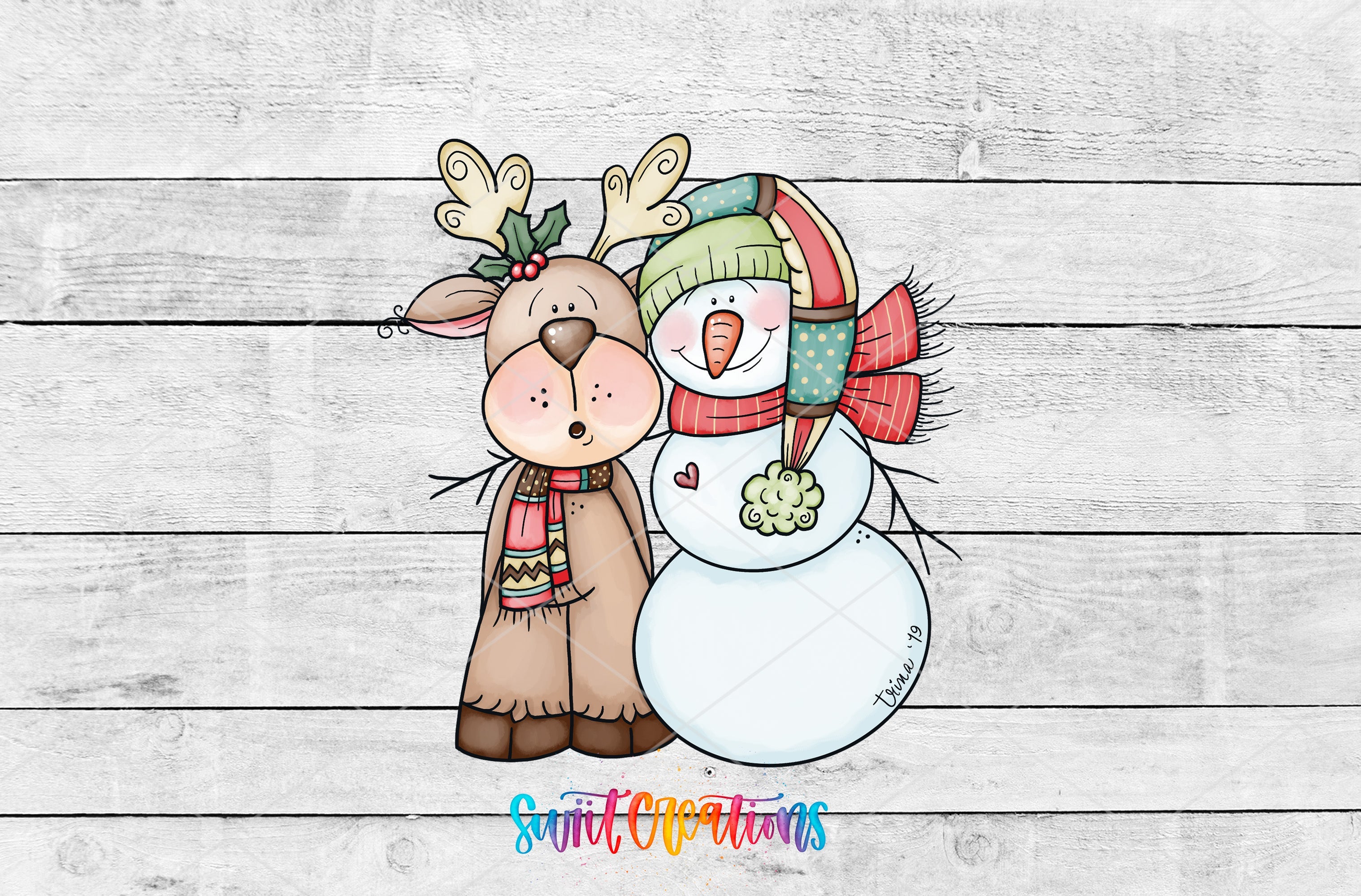 a reindeer and a snowman on a wooden background