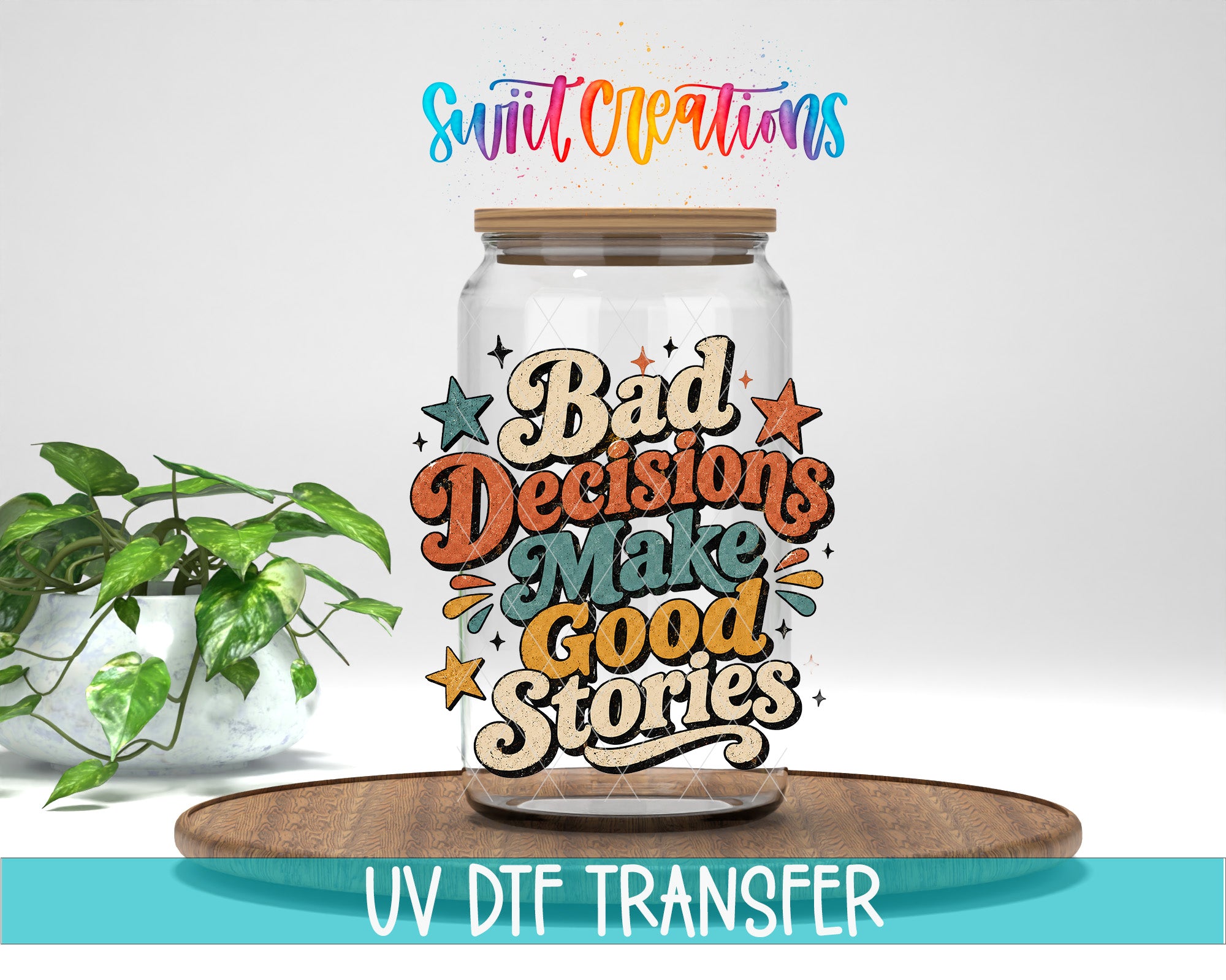 a glass jar with a colorful, retro-style design and text on it, placed on a wooden surface.