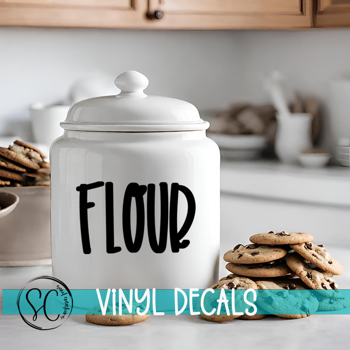 a cookie jar sitting on a counter next to a pile of cookies