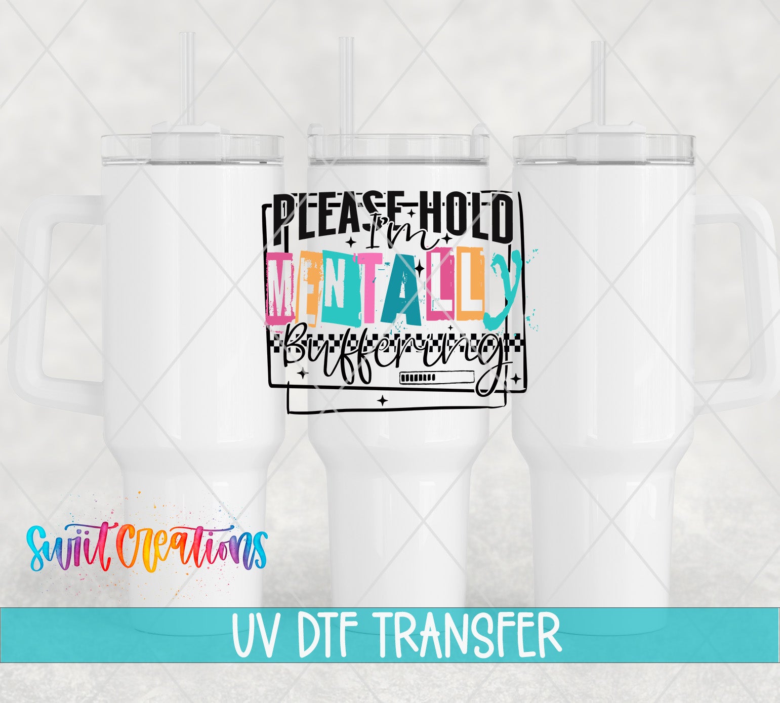 a white mug with a colorful text design on it, along with a UV DFT (Photographic Digital Transfer) logo and text below it.