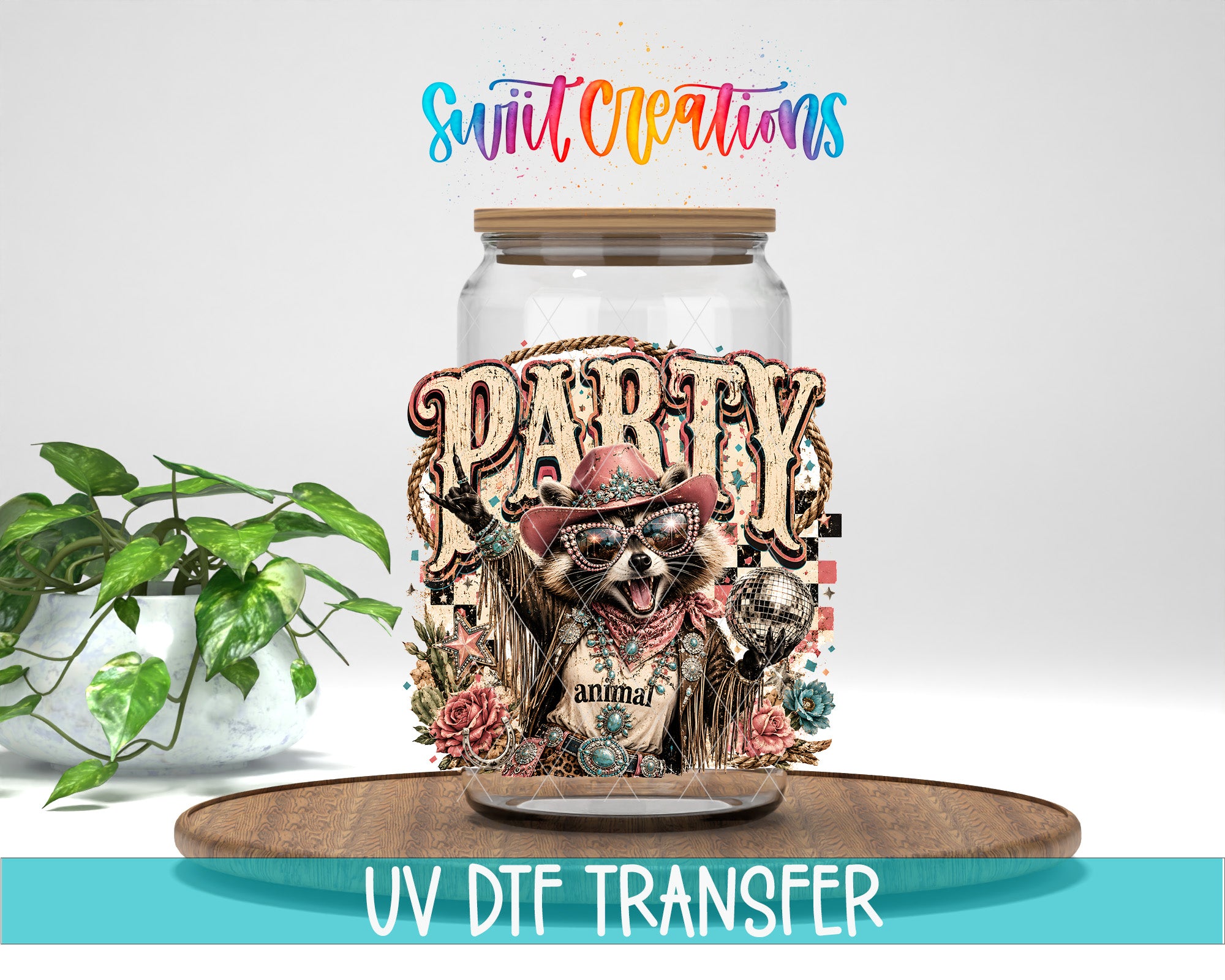 a glass jar with a raccoon wearing sunglasses and a cowboy hat, surrounded by a colorful and whimsical design.