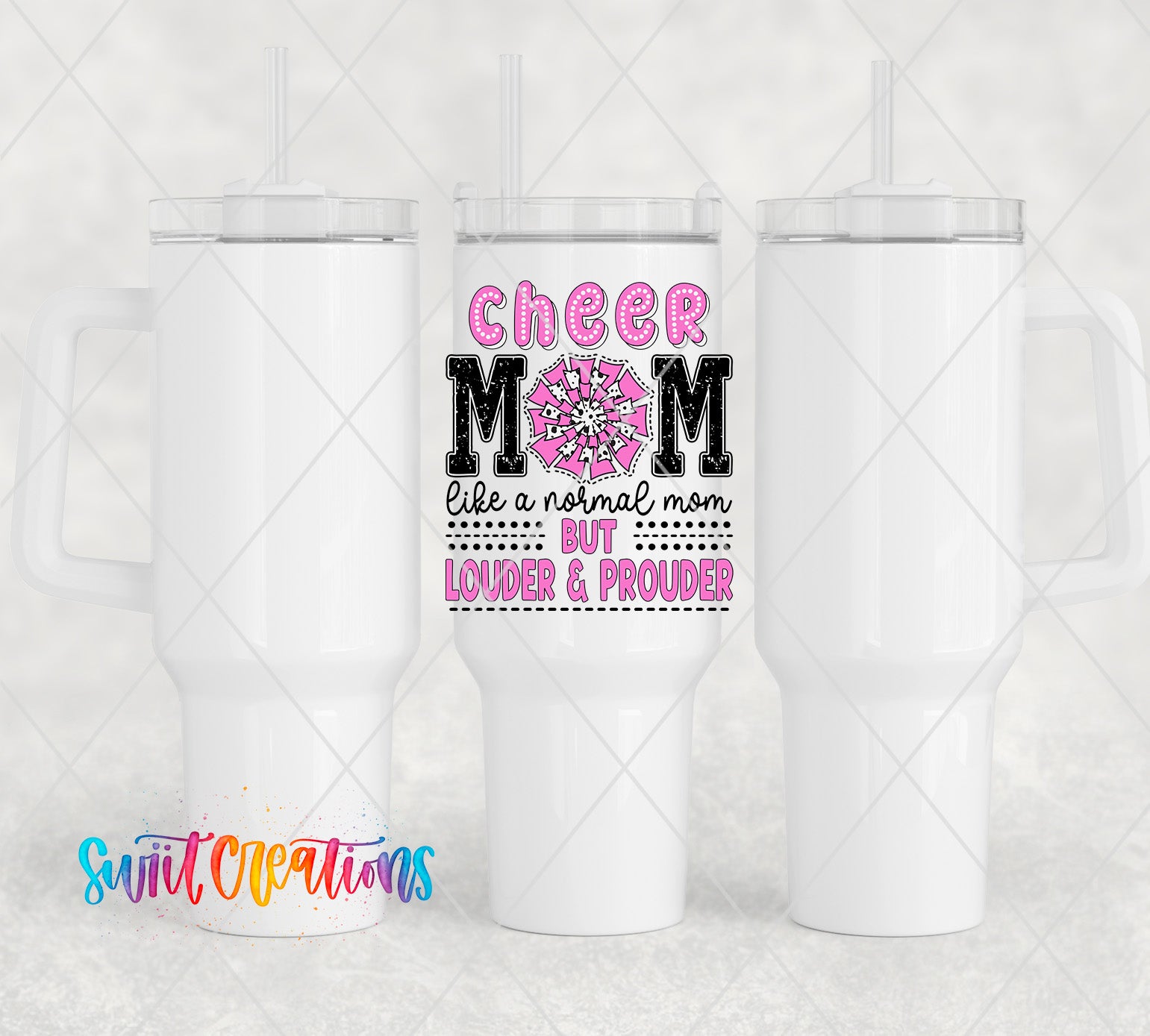 two white tumblers with pink and black designs on them