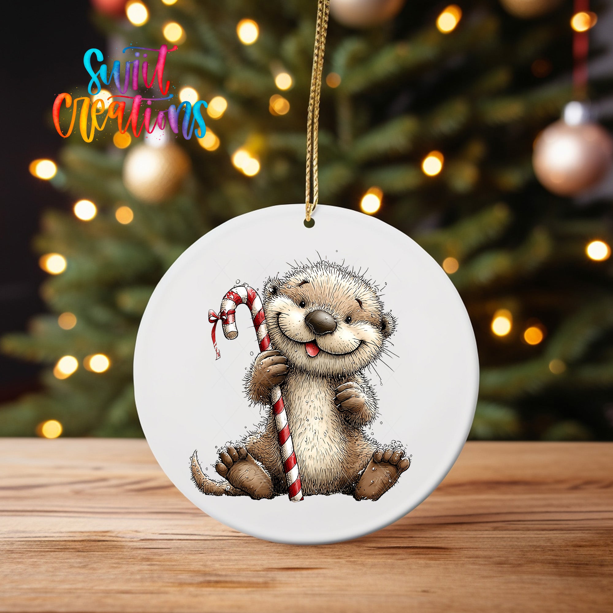 A white ceramic ornament featuring a smiling otter holding a candy cane, with a blurred background of a Christmas tree and colorful lights.