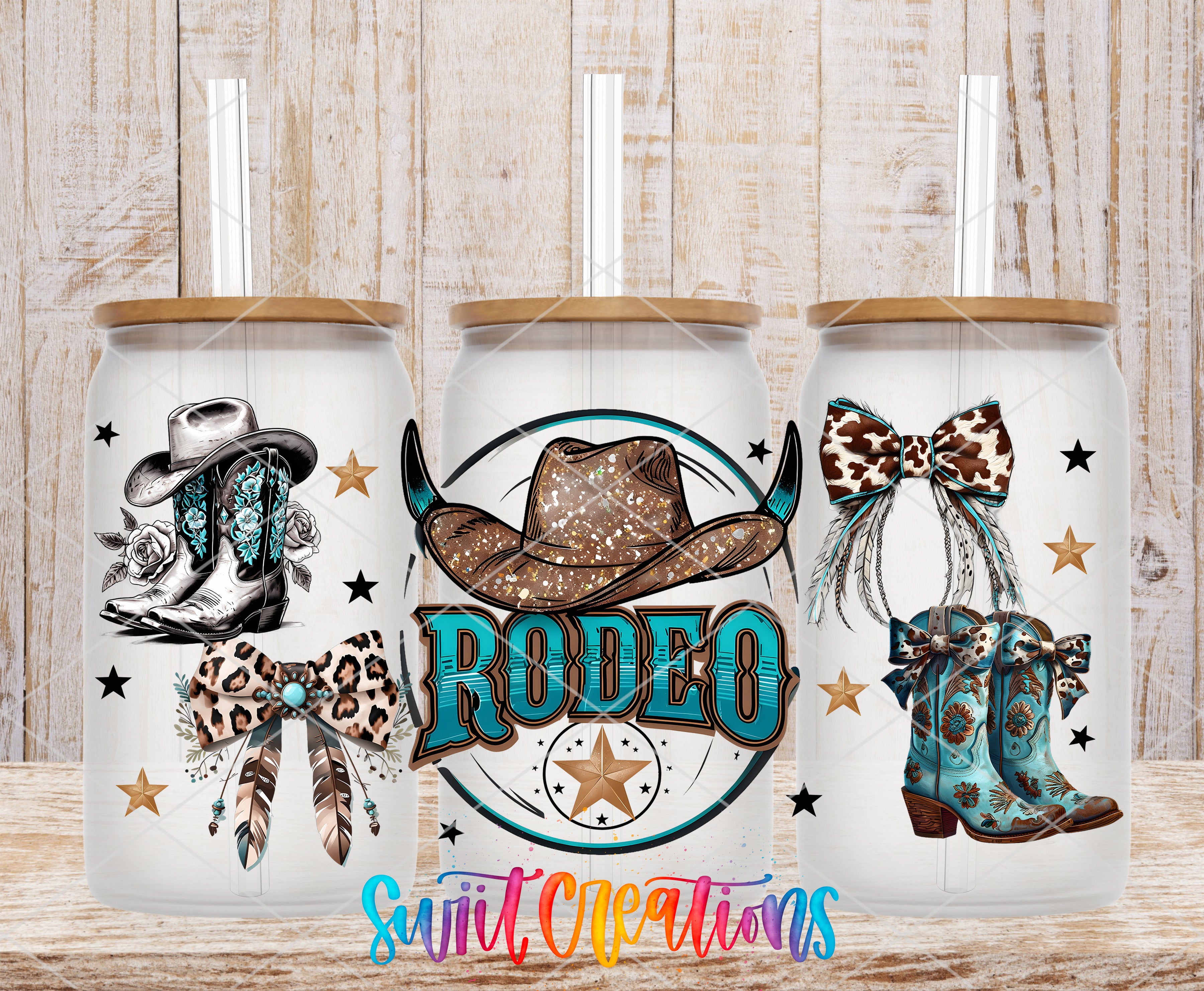 three white tumblers with various cowboy-themed designs and text, including cowboy boots, a cowboy hat, and the word "Rodeo" prominently displayed.