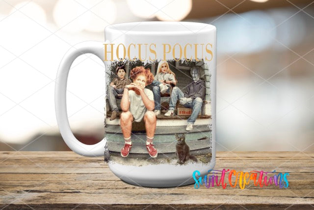 a coffee mug with a picture of a woman and two cats on it