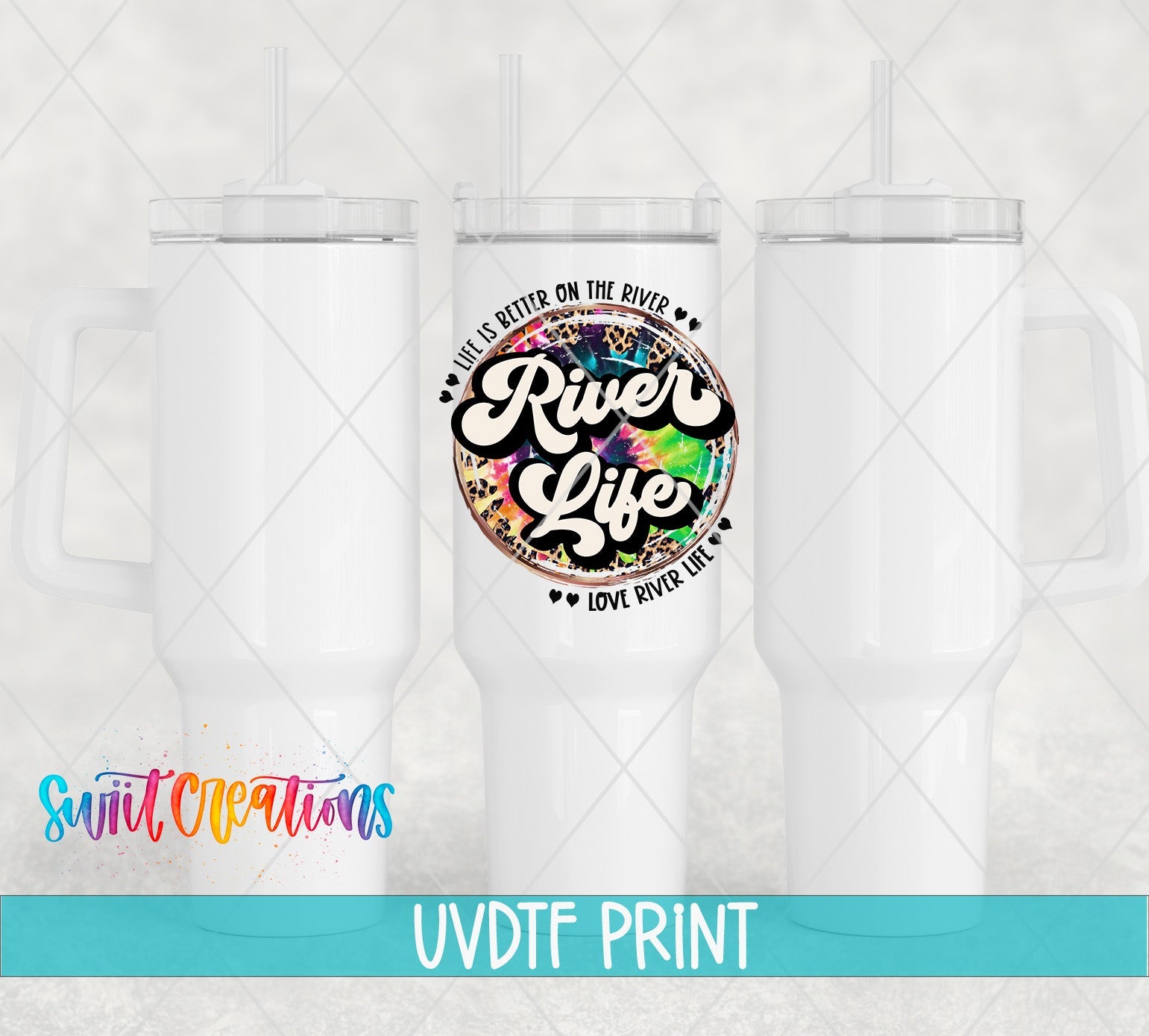 three white tumblers with the words river vibe on them