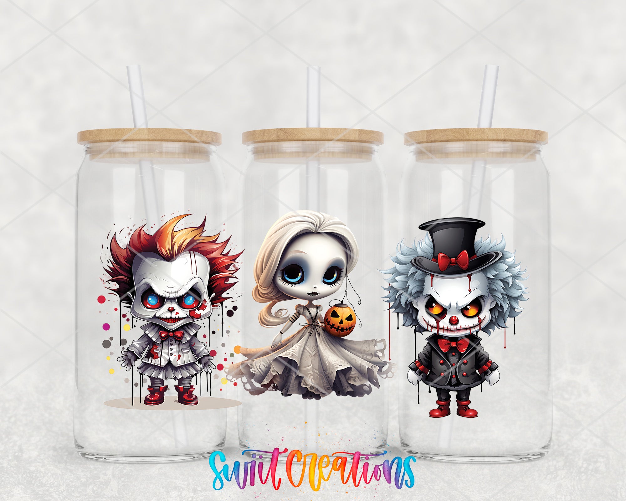three glass jars with illustrations of three different cartoon characters on them.