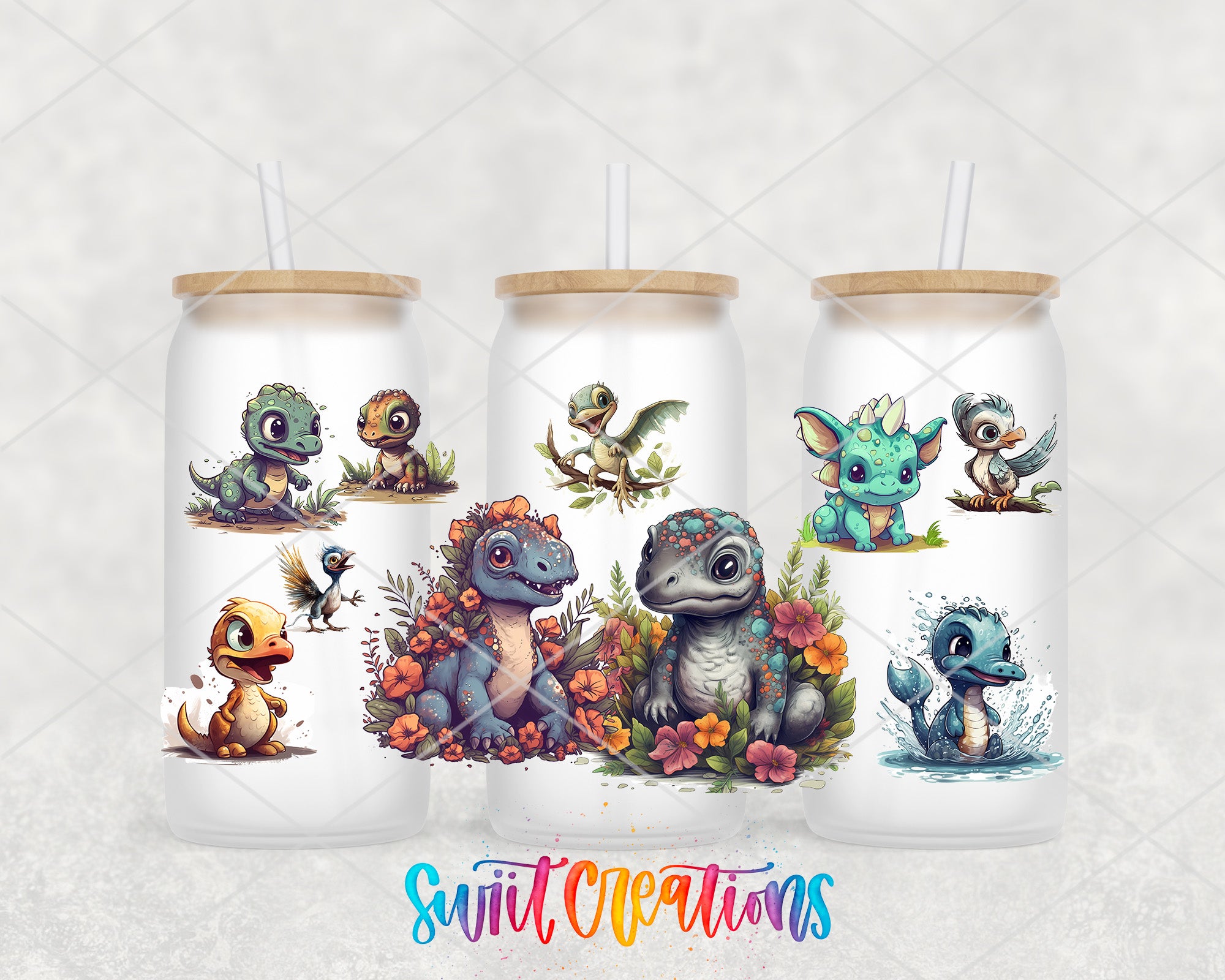 three glass tumblers with colorful illustrations of cartoon-like animals, including a dragon, a bird, and a fish, along with straws.
