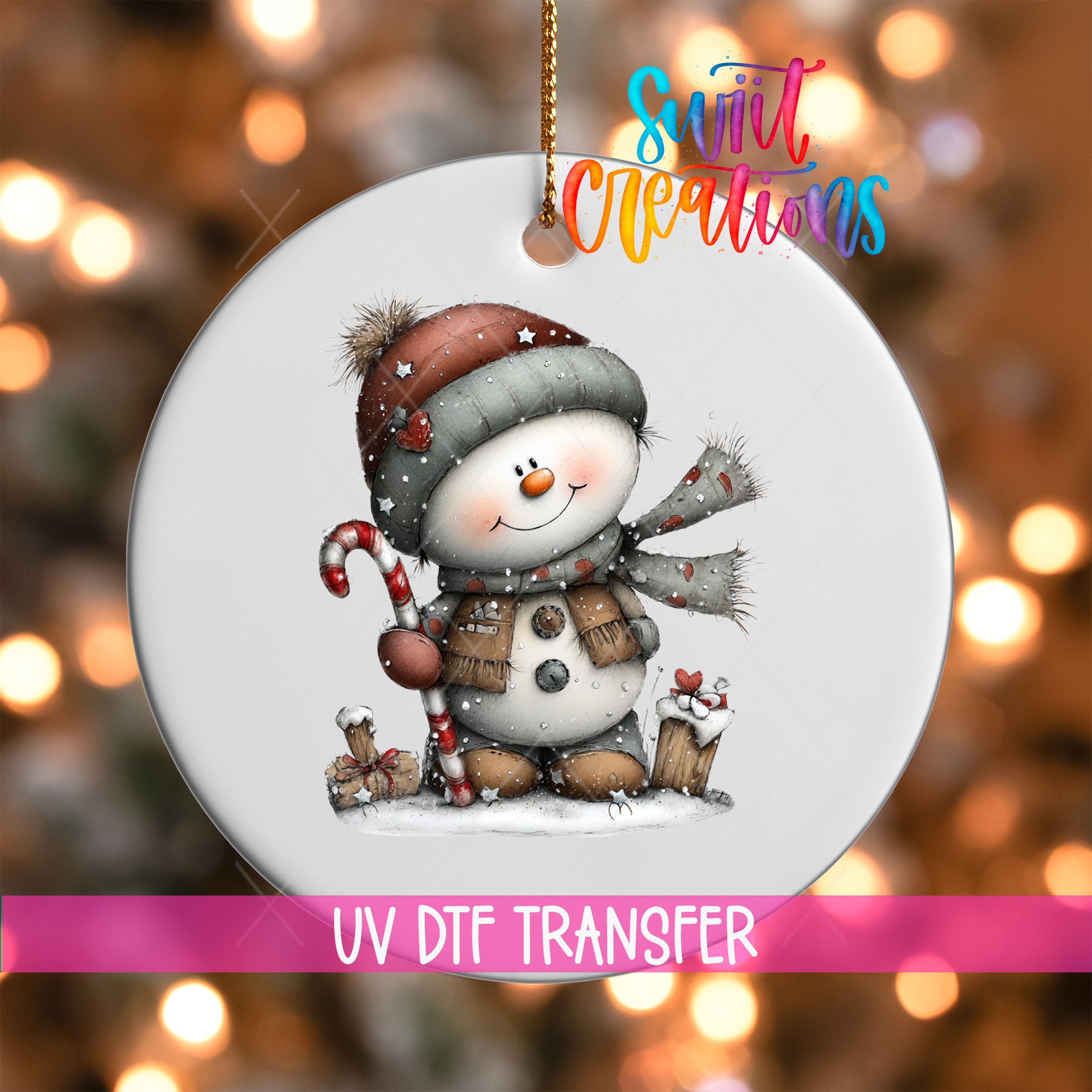 A snowman ornament with a candy cane and other winter-themed elements, hanging against a background of colorful lights.