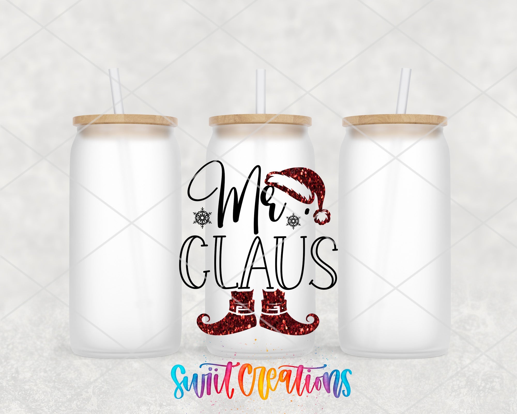 a couple of white mason jars with santa hats on them