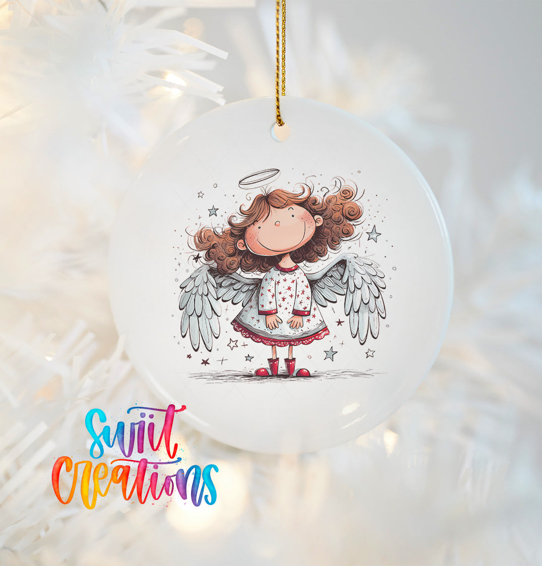 A white ceramic ornament featuring a smiling cartoon girl with curly hair and wings, surrounded by stars and a halo.