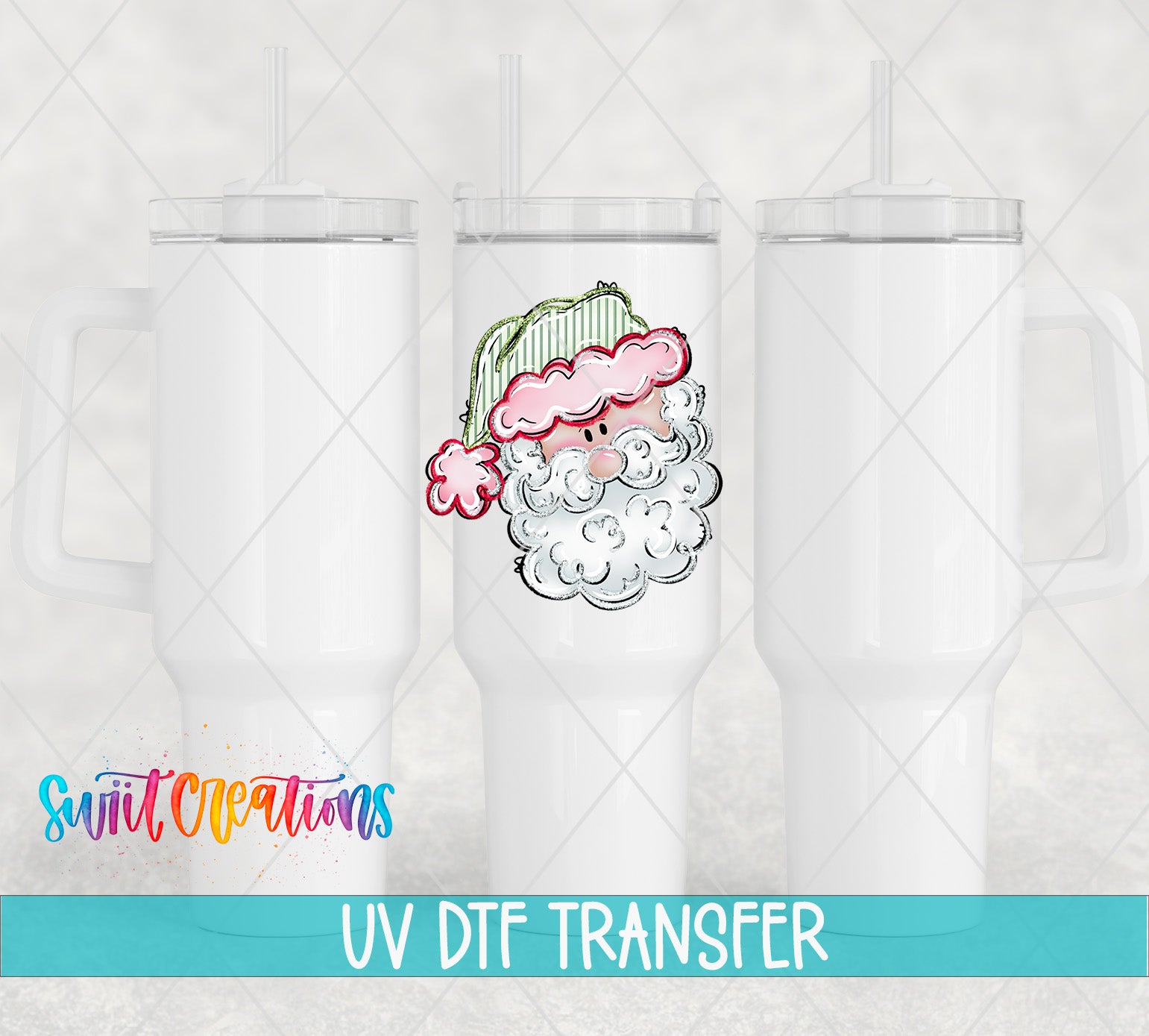 three white tumblers with a colorful Santa Claus design on the front, along with the text "UV Dtf Transfer" and "Switc Productions" written below.