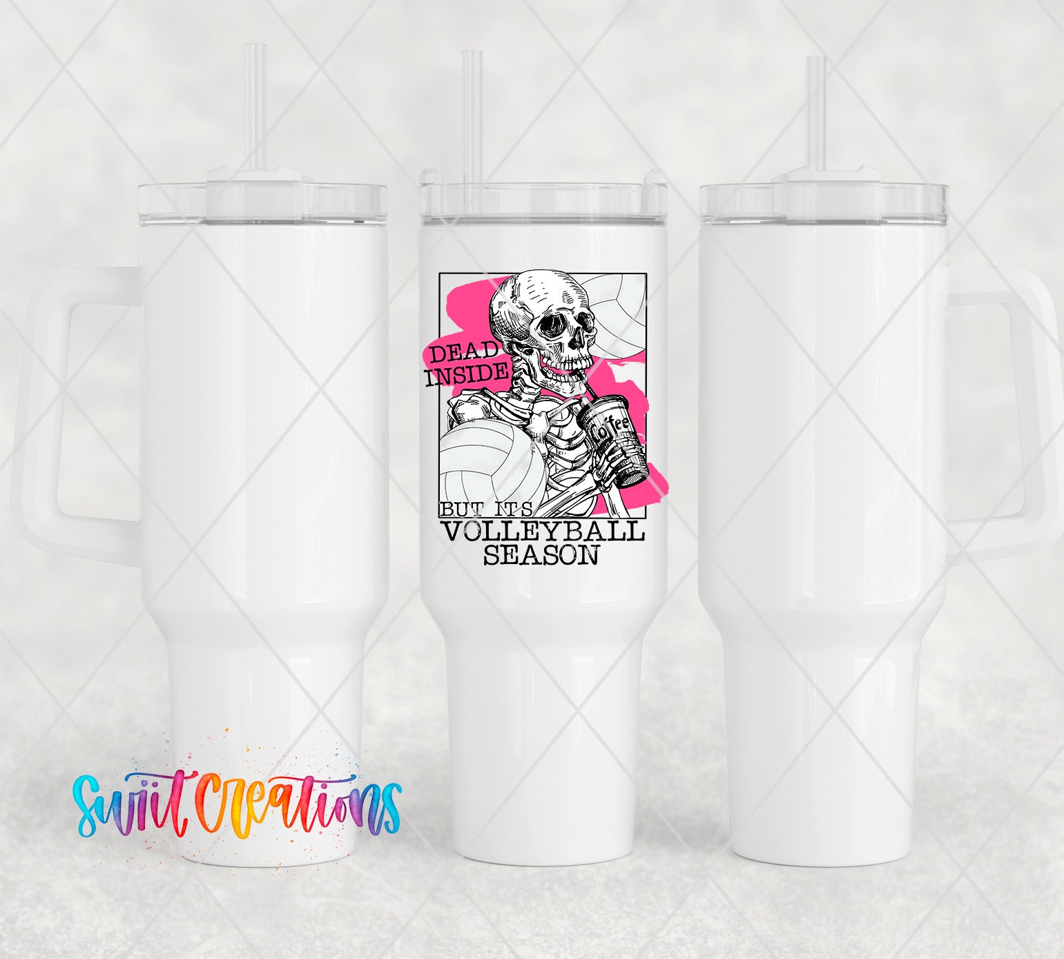 a white tumbler cup with a skeleton on it