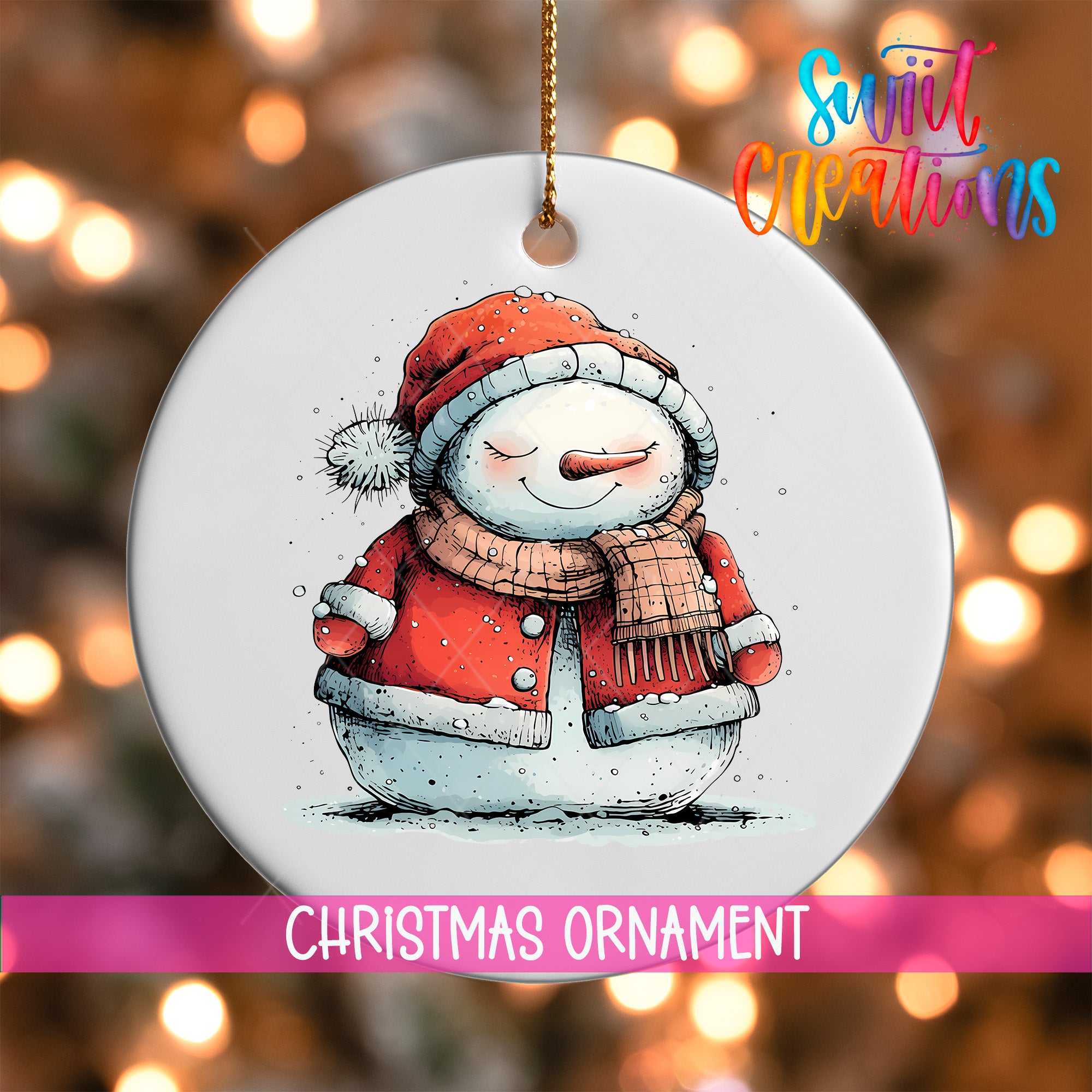 A white Christmas ornament featuring a snowman wearing a red coat and scarf, with a snowflake on its hat.