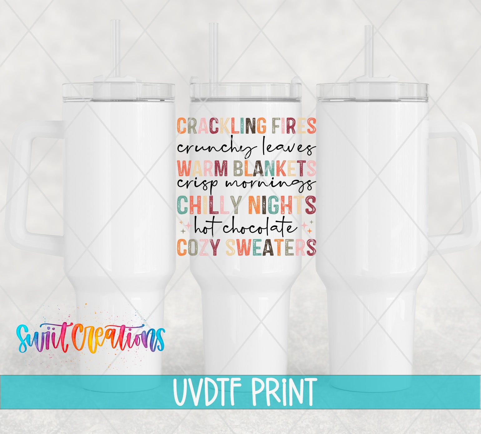 three white tumblers with colorful lettering on them