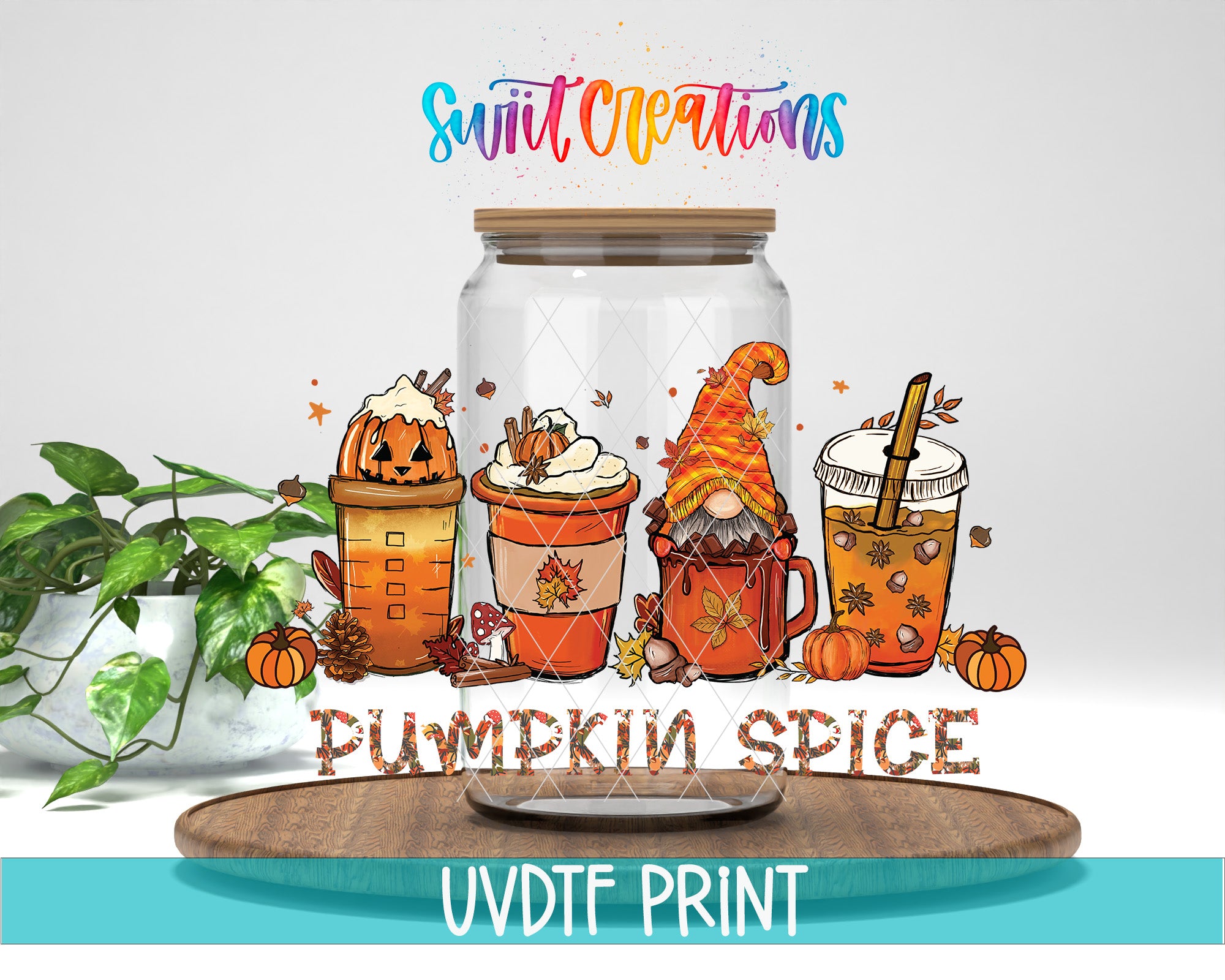 a glass jar with illustrations of four different drinks, including pumpkin spice, coffee, and hot chocolate, along with illustrations of pumpkins and autumn leaves. The text "Pumpkin Spice" is written below the jar, and the text "UVDF PRINT" is at the bottom of the image.