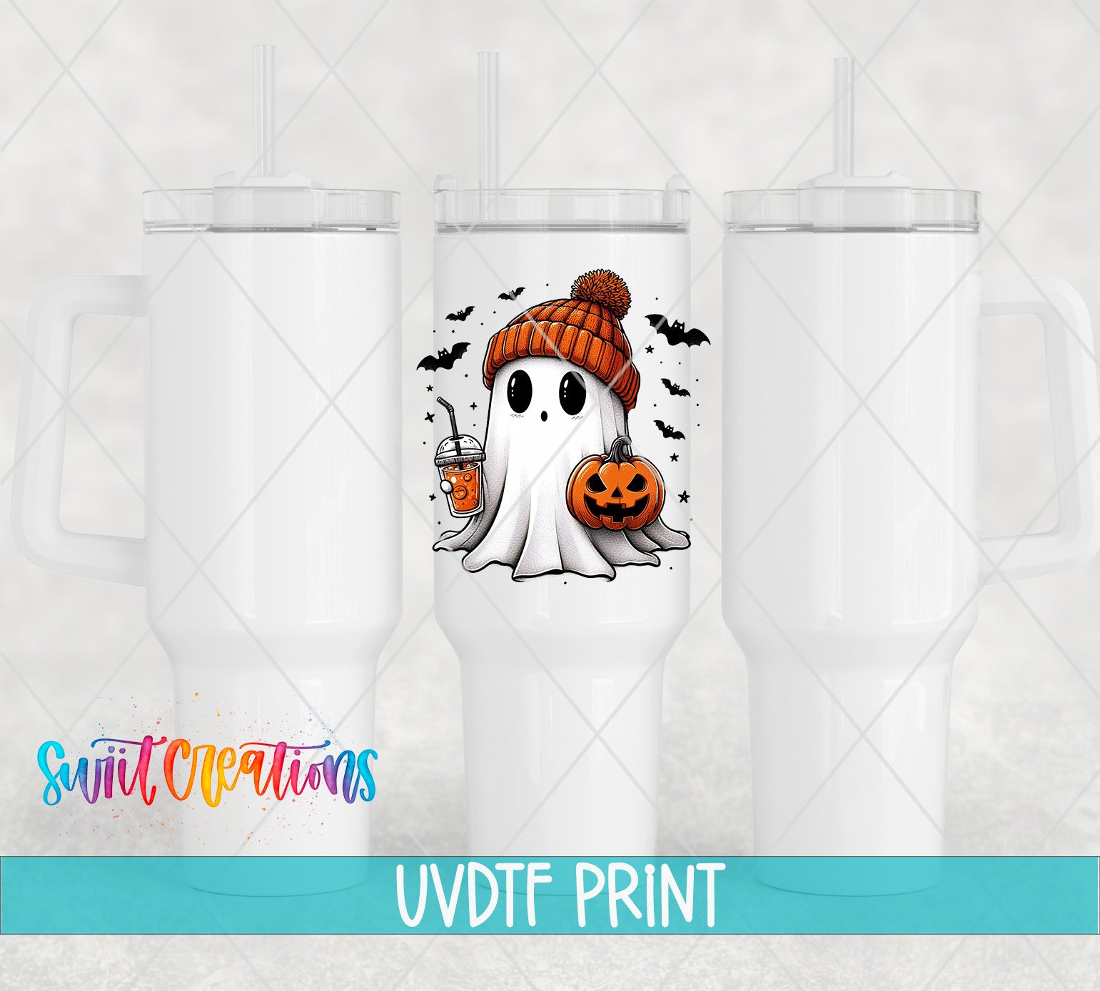 a Halloween-themed mug with a ghost wearing a hat and holding a pumpkin.
