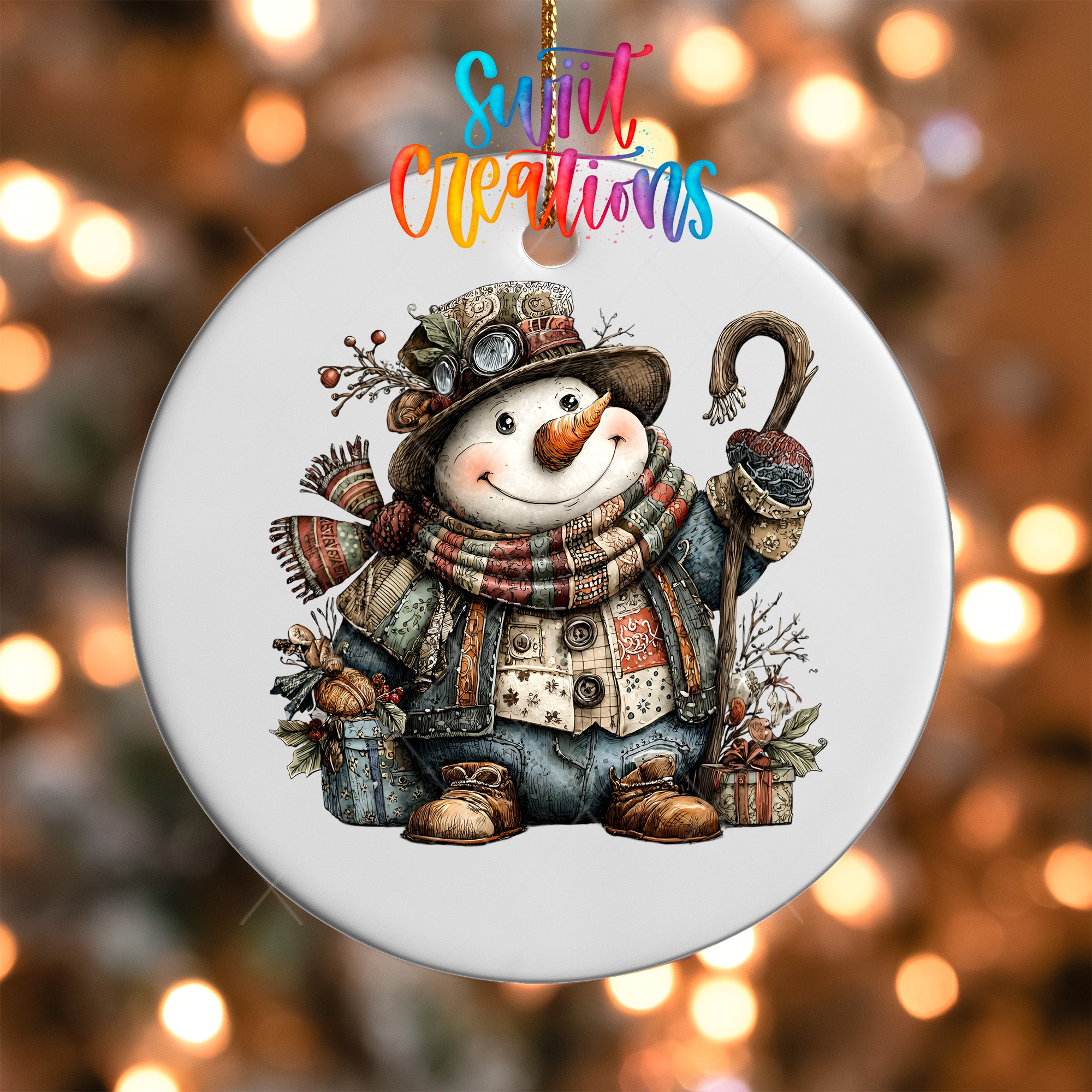 A snowman ornament with a colorful scarf, hat, and other winter accessories, including a carrot nose and a cane, is hanging against a background of twinkling lights.