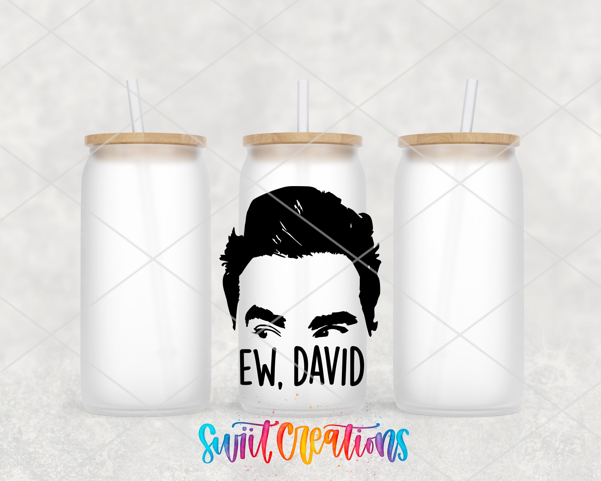 a couple of white mason jars with a picture of a man's face on